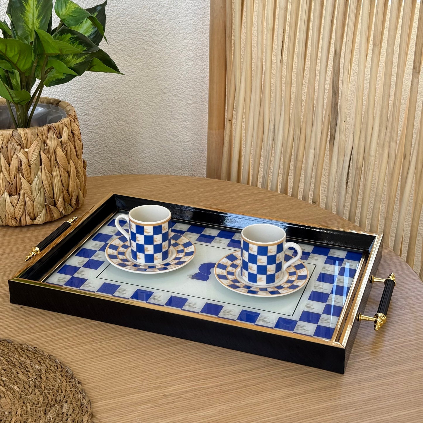 Pashally At Desenli Damalı Model Kulplu Tepsi Mavi KOD:1006