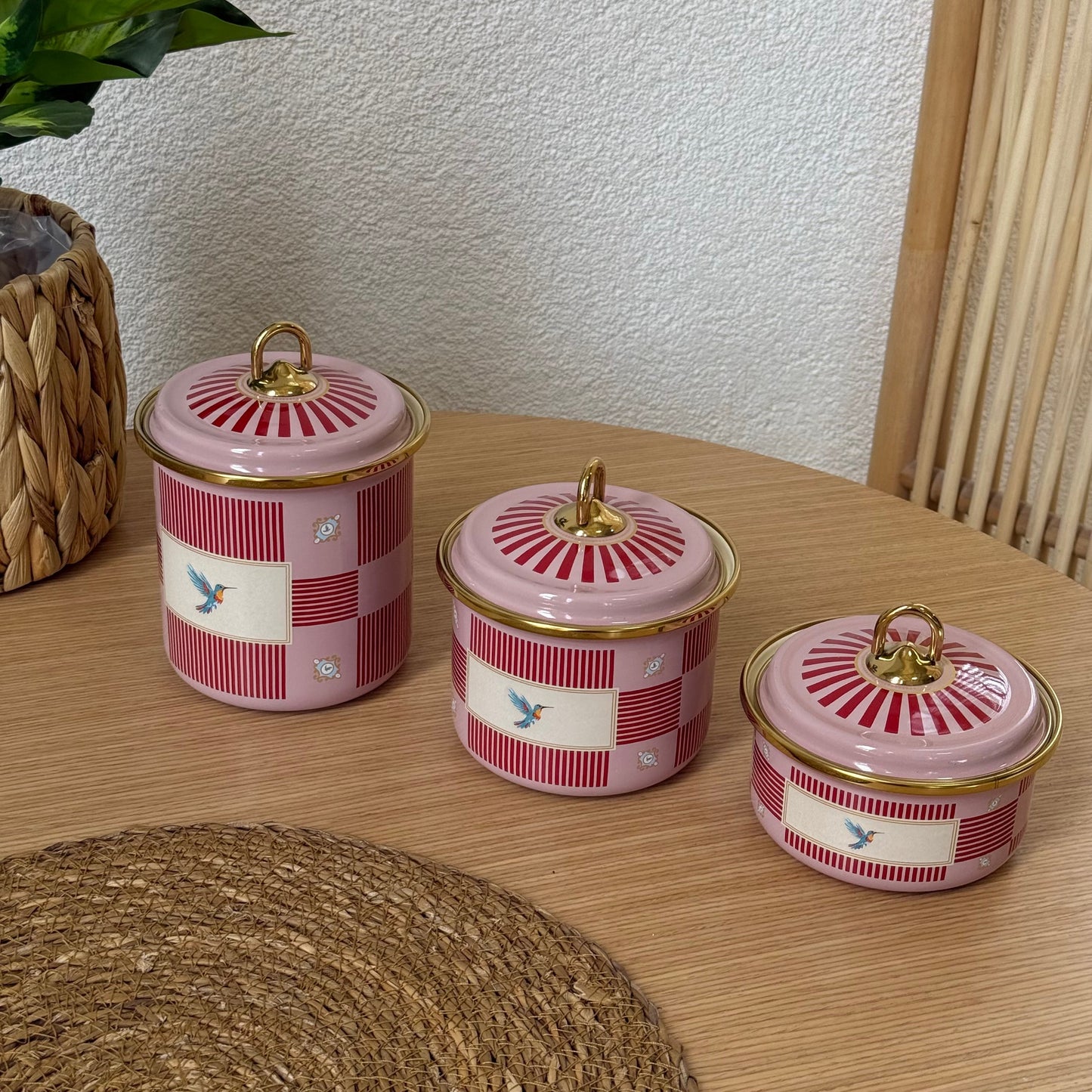 Pashally Emaye Kuş Desenli 3 Boy Kavanoz Seti Pembe-KırmıI KOD:0472