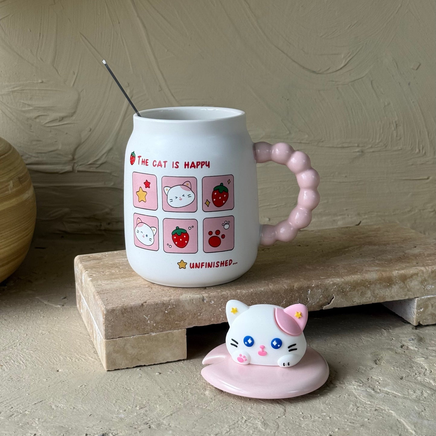 Tutku Cat İs Happy Kapaklı Porselen Kupa 400 ml