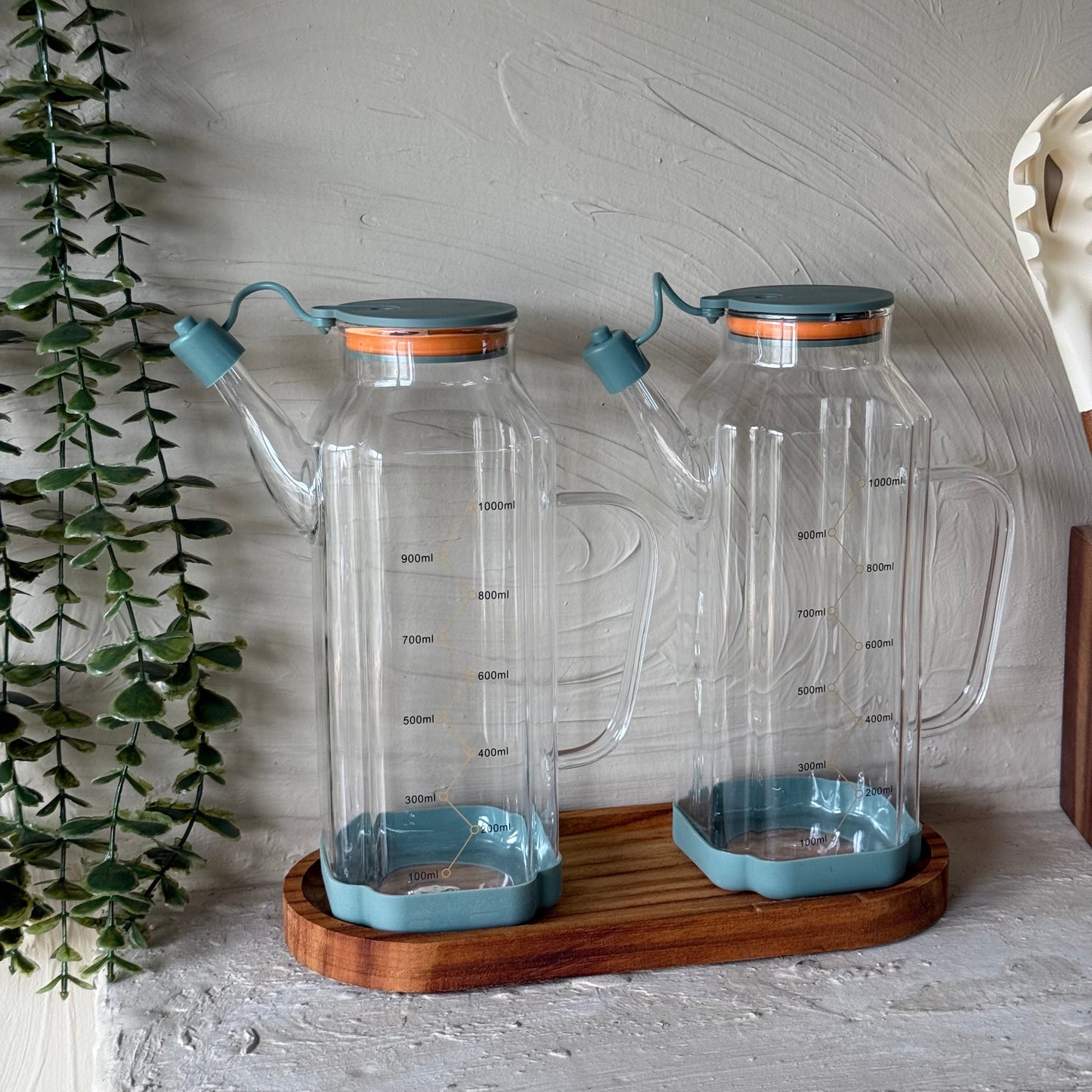 MRP Oval Ahşap Standlı İkili Yağdanlık Seti Yeşil 1 Litre