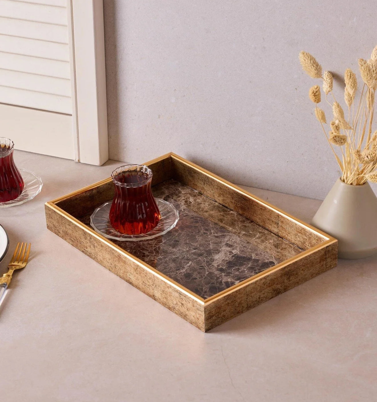 Turin Marble Siyah Gold Tepsi 22x33 cm KOD:17467