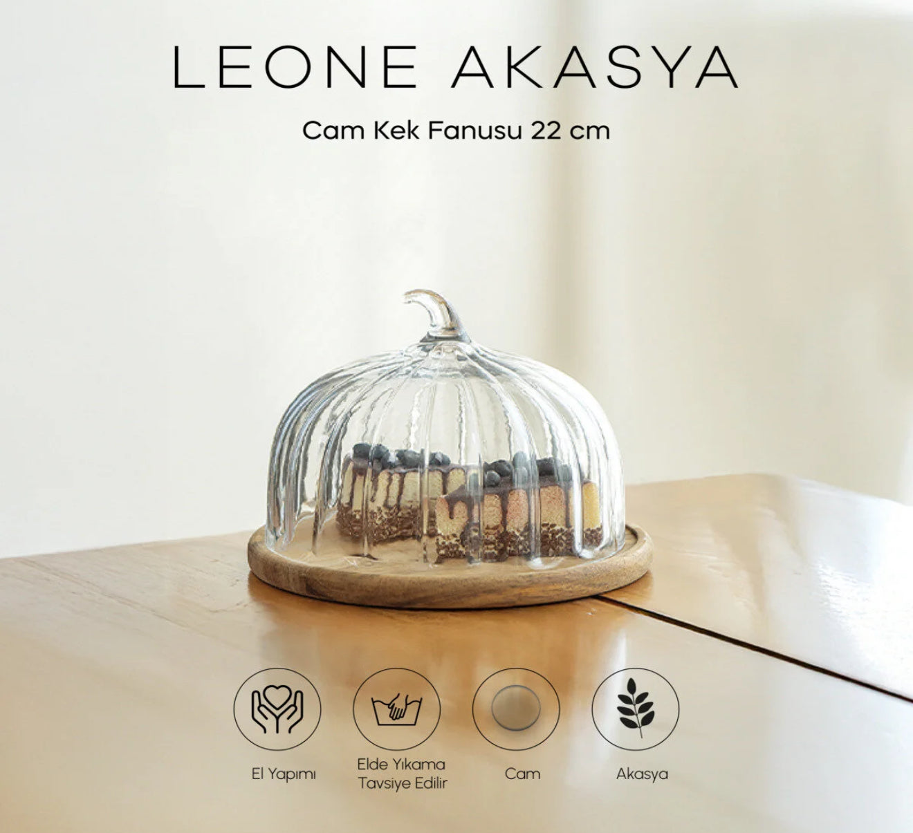 Leone Akasya Standlı Cam Kek Fanusu 22 cm KOD:0025