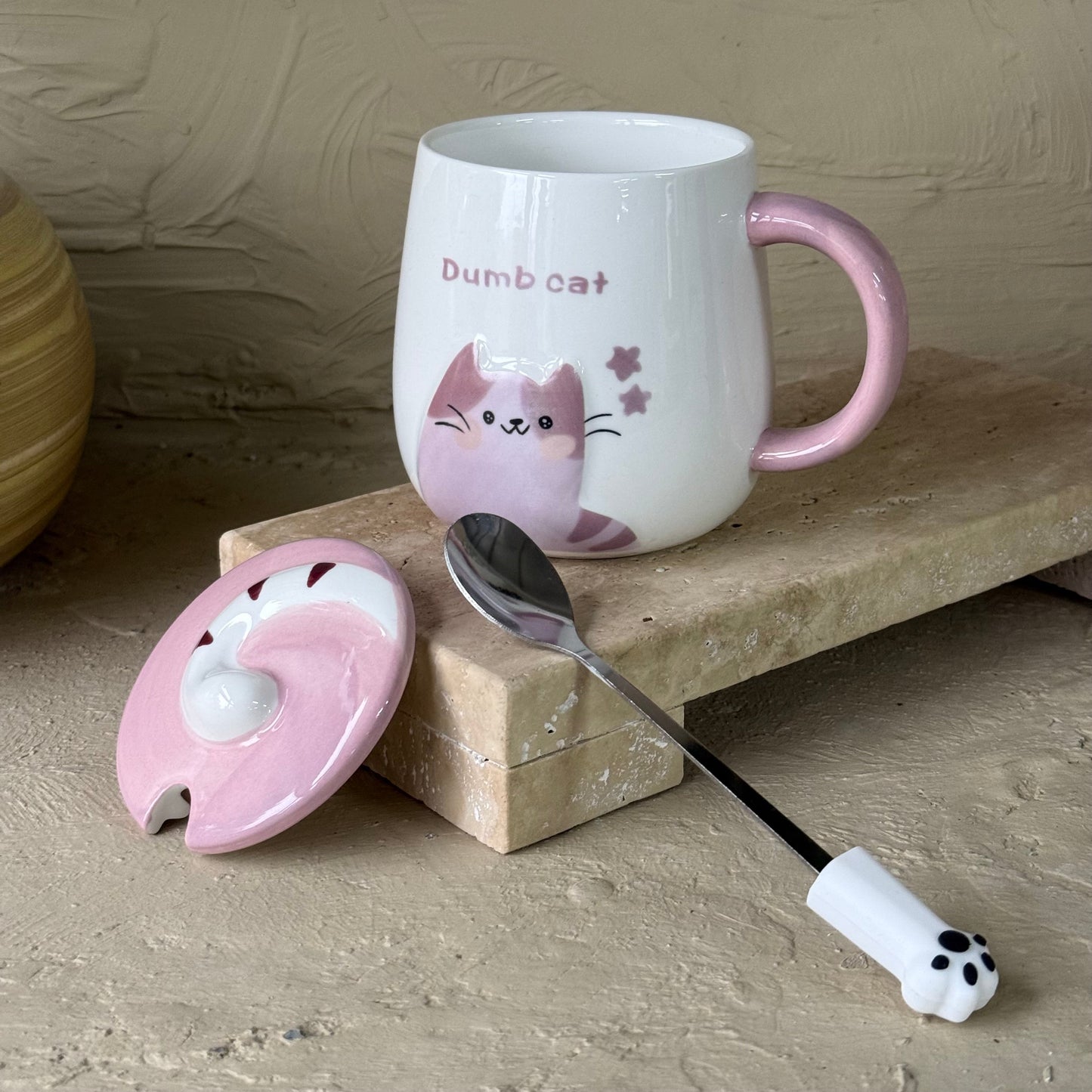 Dumb Cat Porselen Kapaklı Kupa Seti Pembe