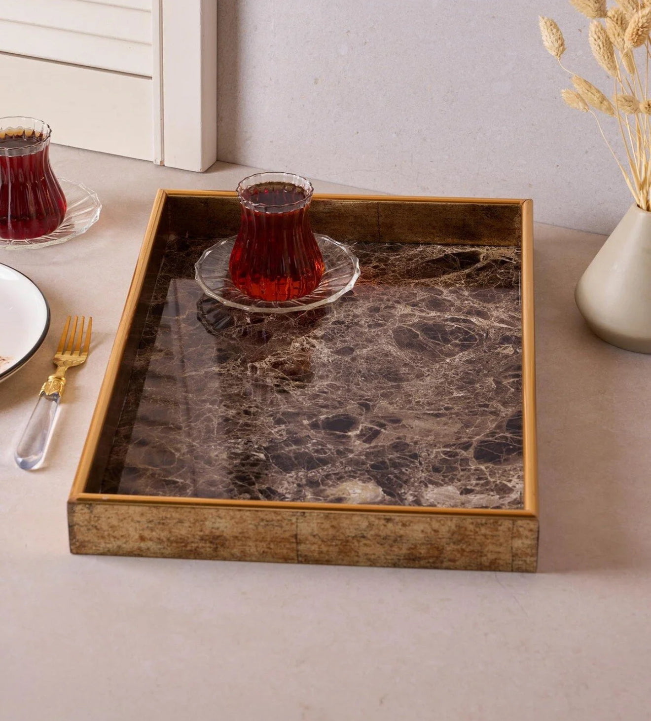 Turin Marble Siyah Gold Tepsi 28x40 cm KOD:17469