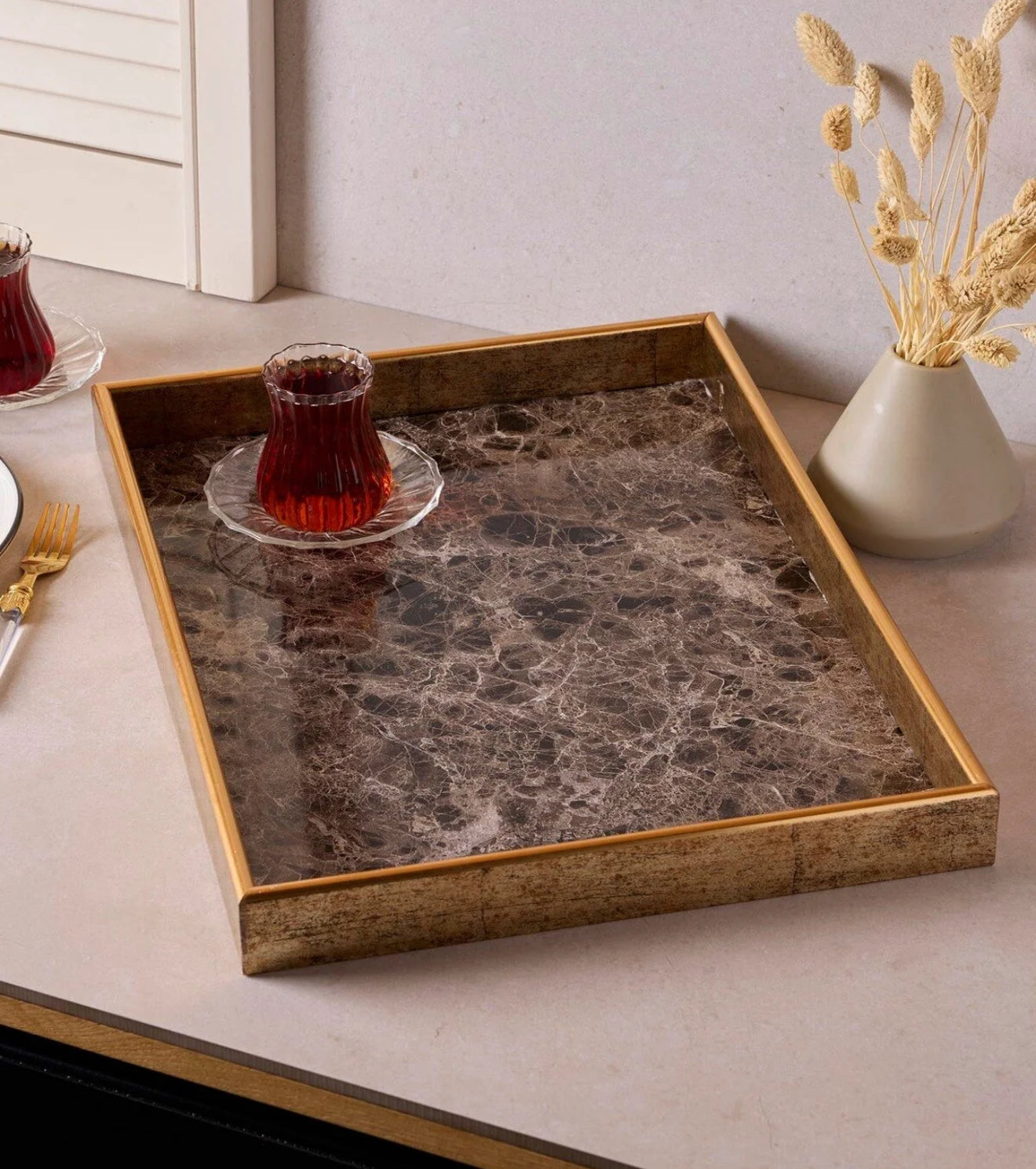Turin Marble Siyah Gold Tepsi 33x45 cm KOD:17470