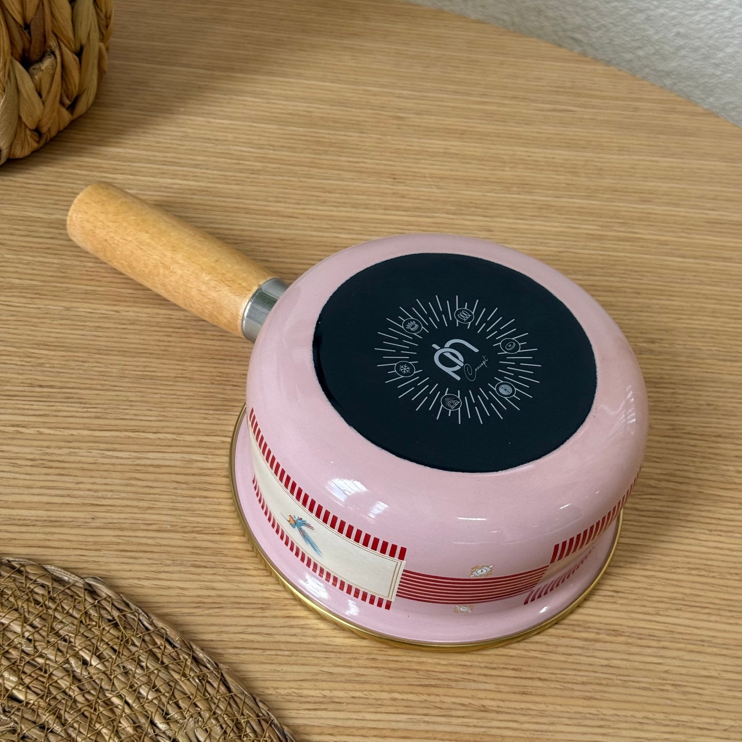 Pashally Ahşap Tutmalı Emaye Sos Tava 14 cm Pembe-Kırmızı KOD:0588