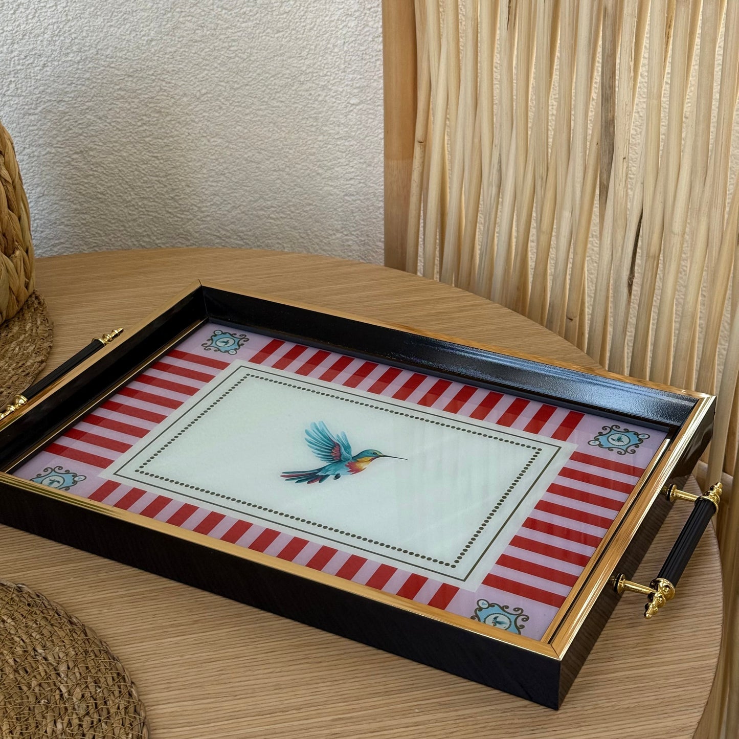 Pashally Bird Desenli Kulplu Tepsi Pembe-Kırmızı KOD:1000