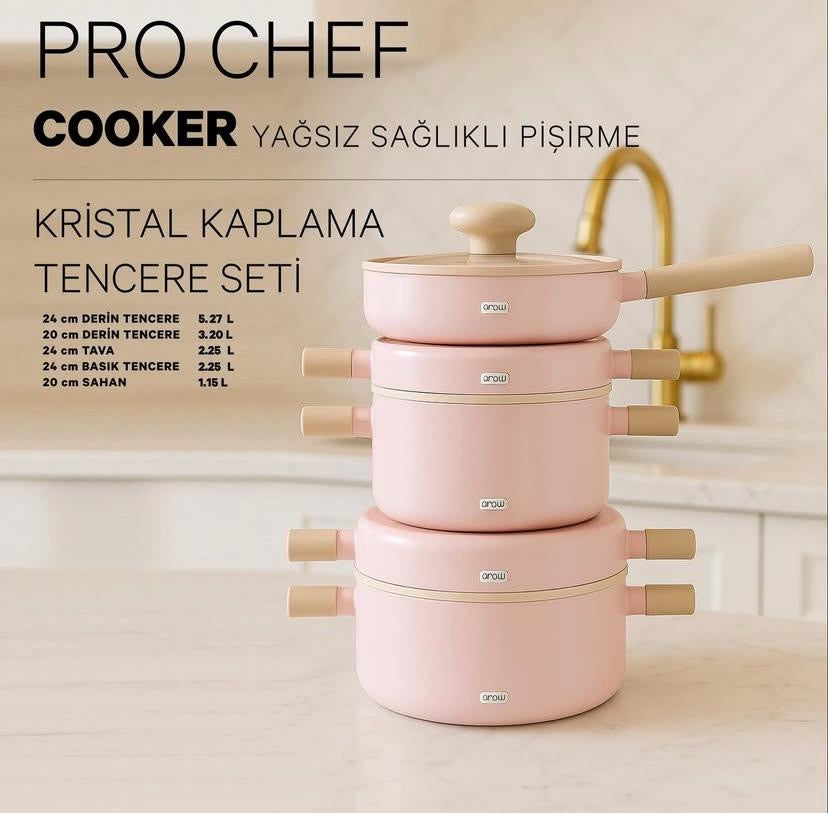 Arow Kristal Kaplama Yapışmaz Taban Tencere Tava Seti 8 Parça Pembe
