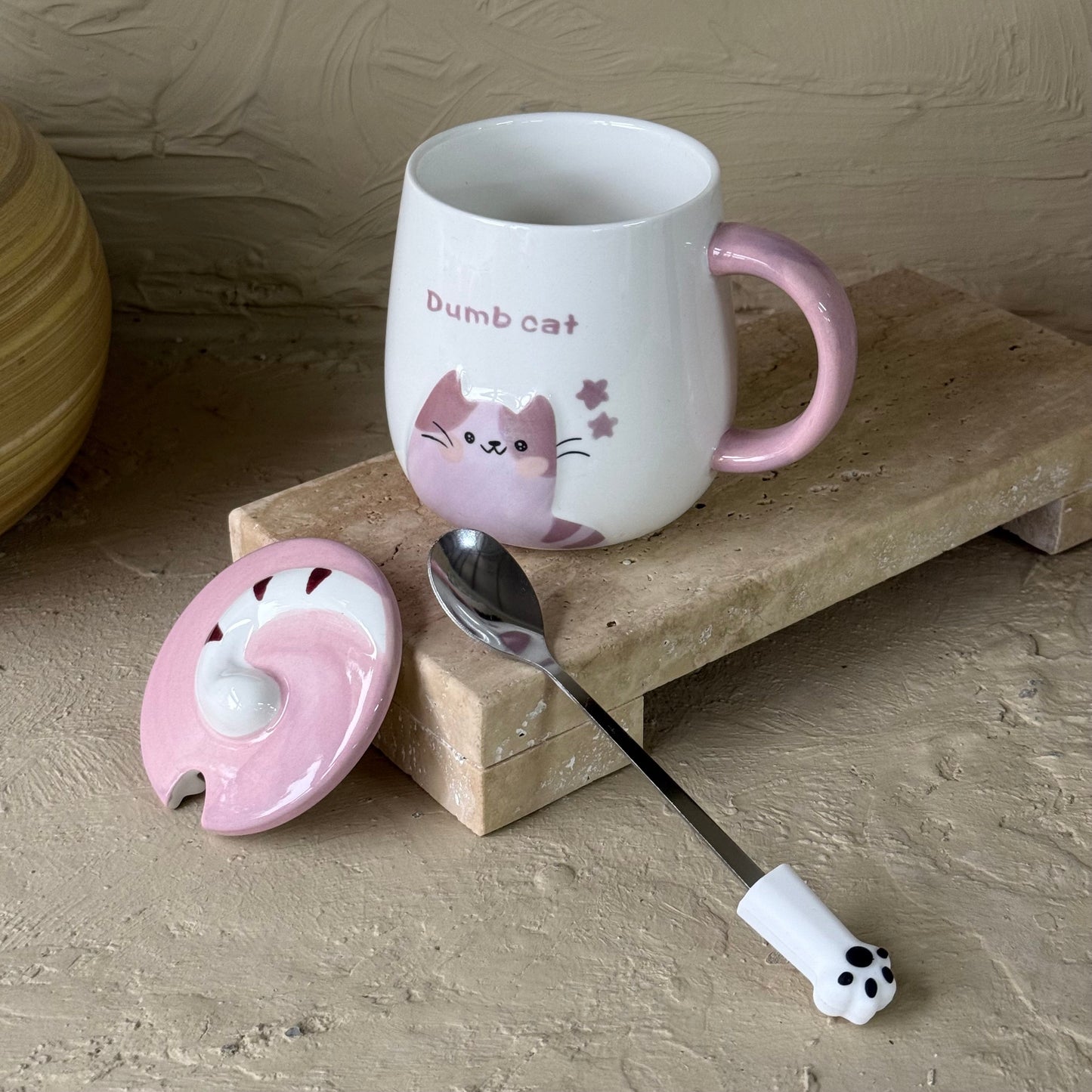 Dumb Cat Porselen Kapaklı Kupa Seti Pembe