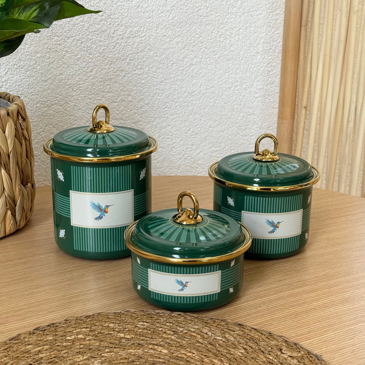Pashally Emaye Kuş Desenli 3 Boy Kavanoz Seti  Yeşil KOD:0496