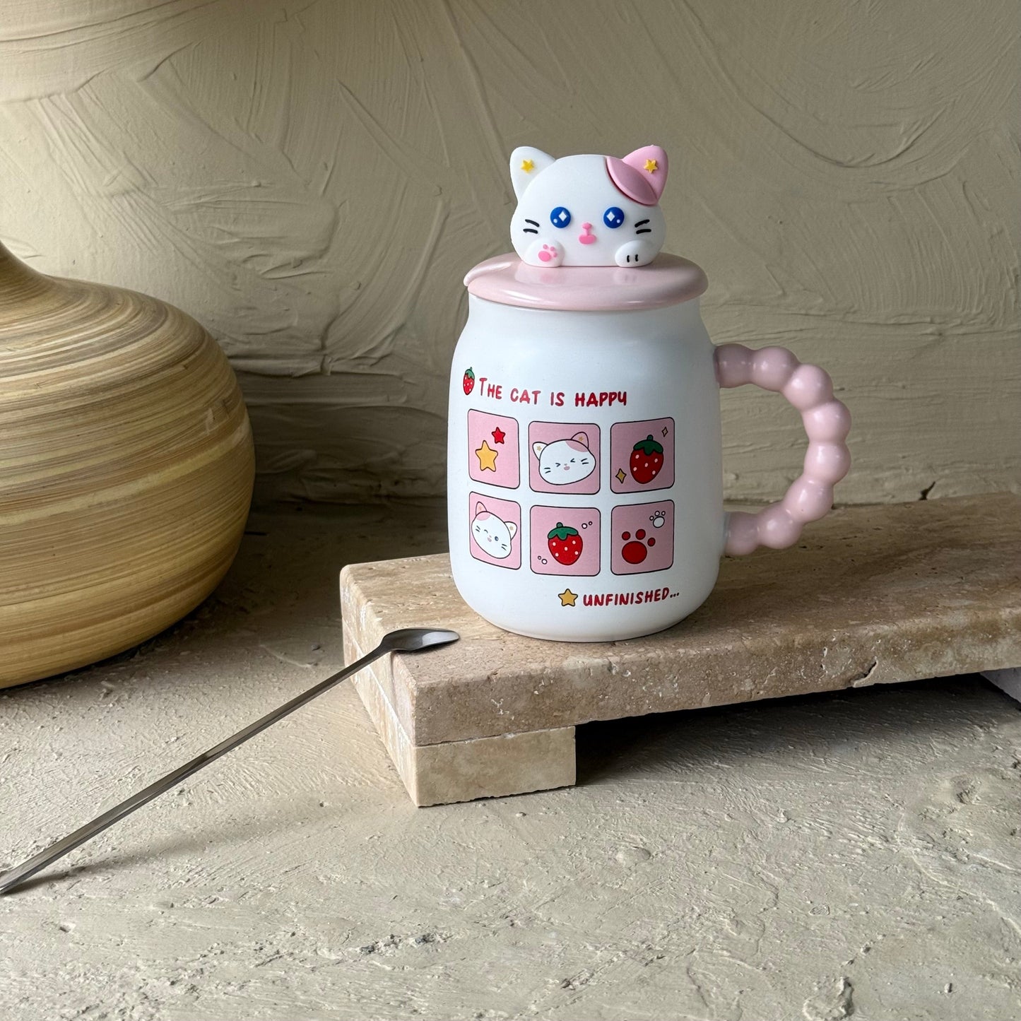Tutku Cat İs Happy Kapaklı Porselen Kupa 400 ml