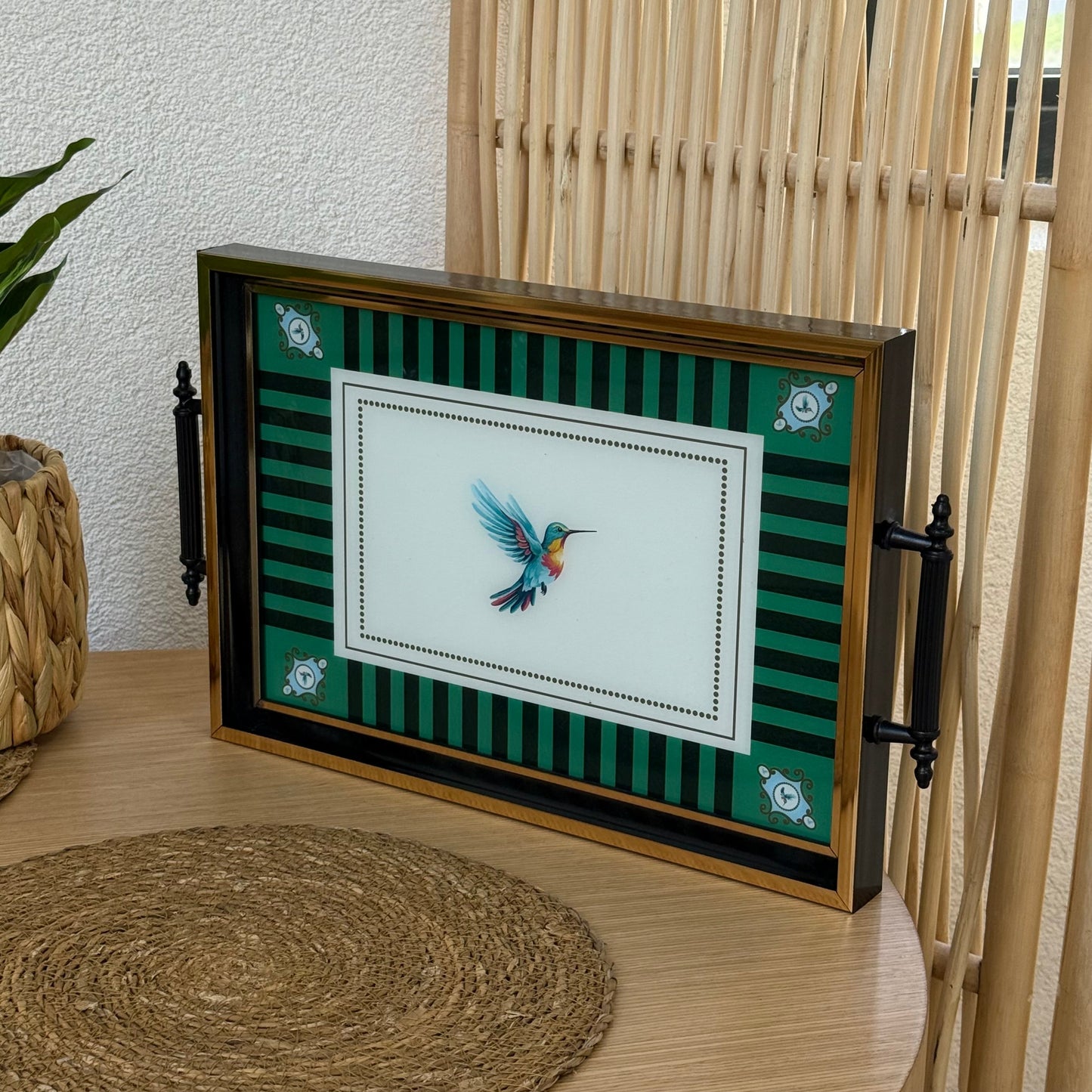 Pashally Bird Desenli Kulplu Tepsi Yeşil KOD:1003