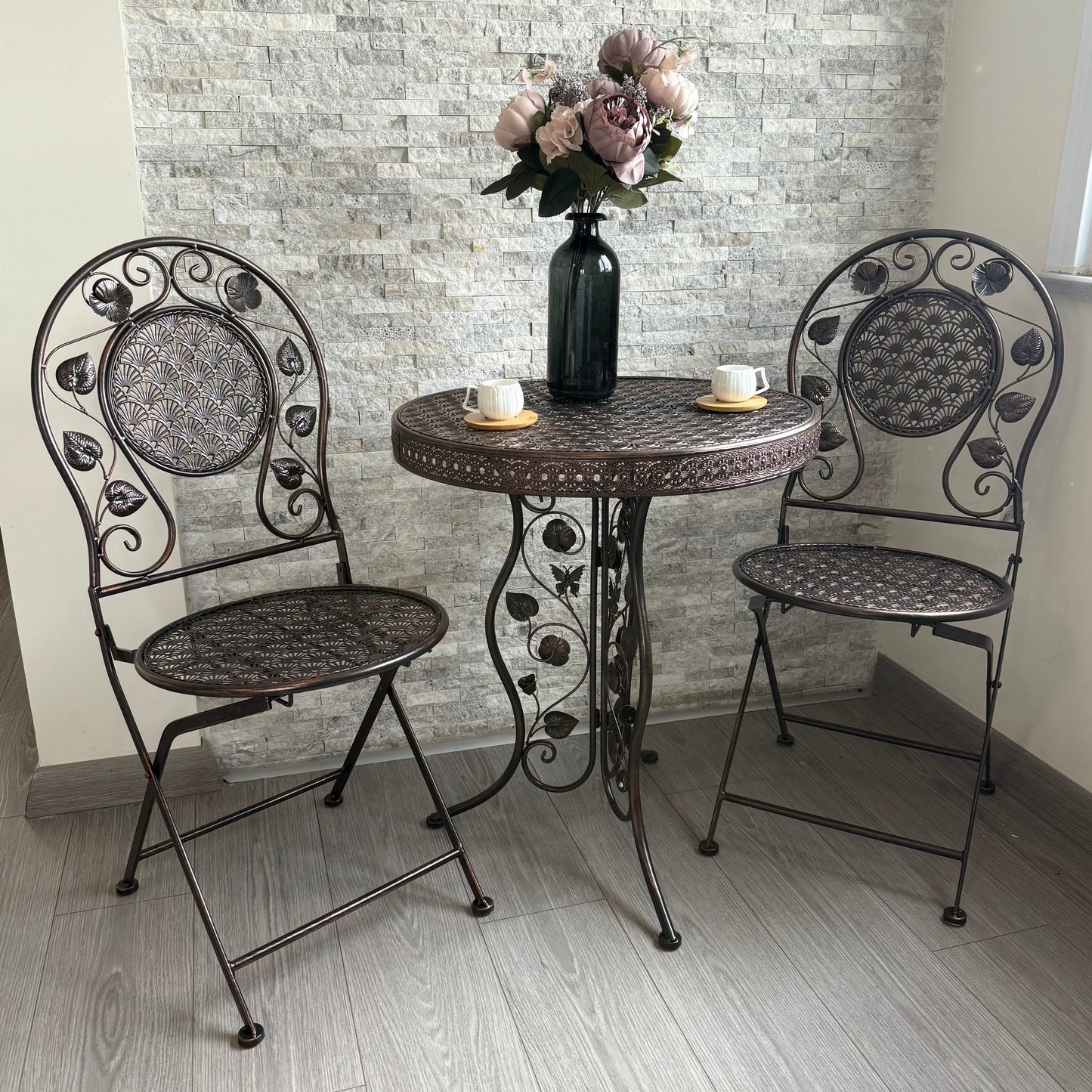 PNL Ferforje Masa Sandalye Seti 3 Parça Bronz KOD:8760-8766