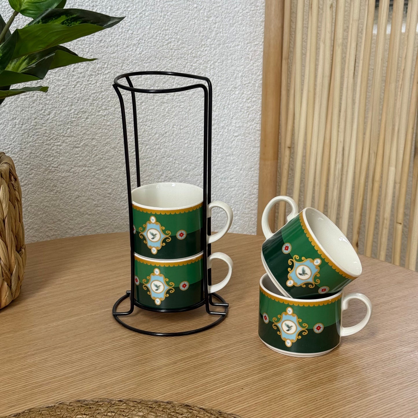 Pashally Metal Standlı Porselen 4 Lü Nescafe Kupa Seti Yeşil KOD:1080