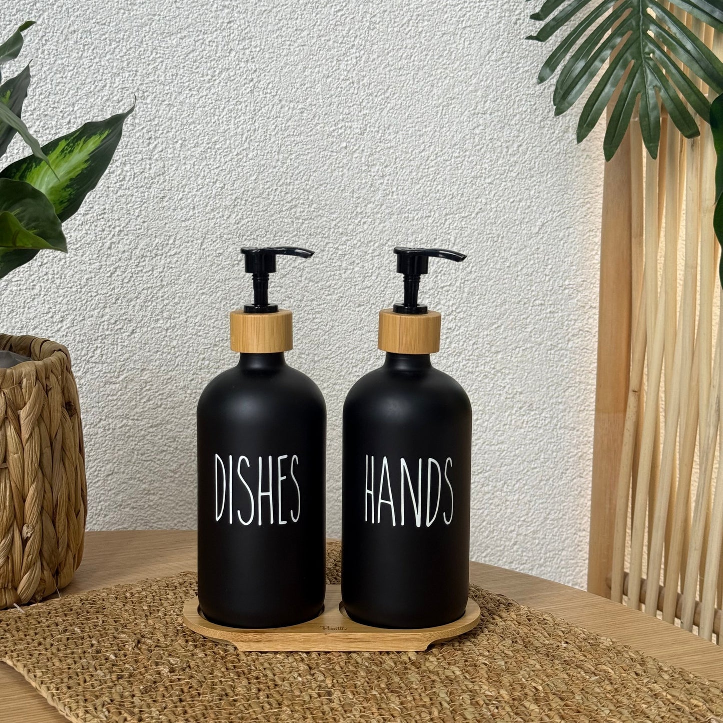 Lotion Bambu Standlı Cam Sıvı Sabunluk Seti Siyah KOD:15707