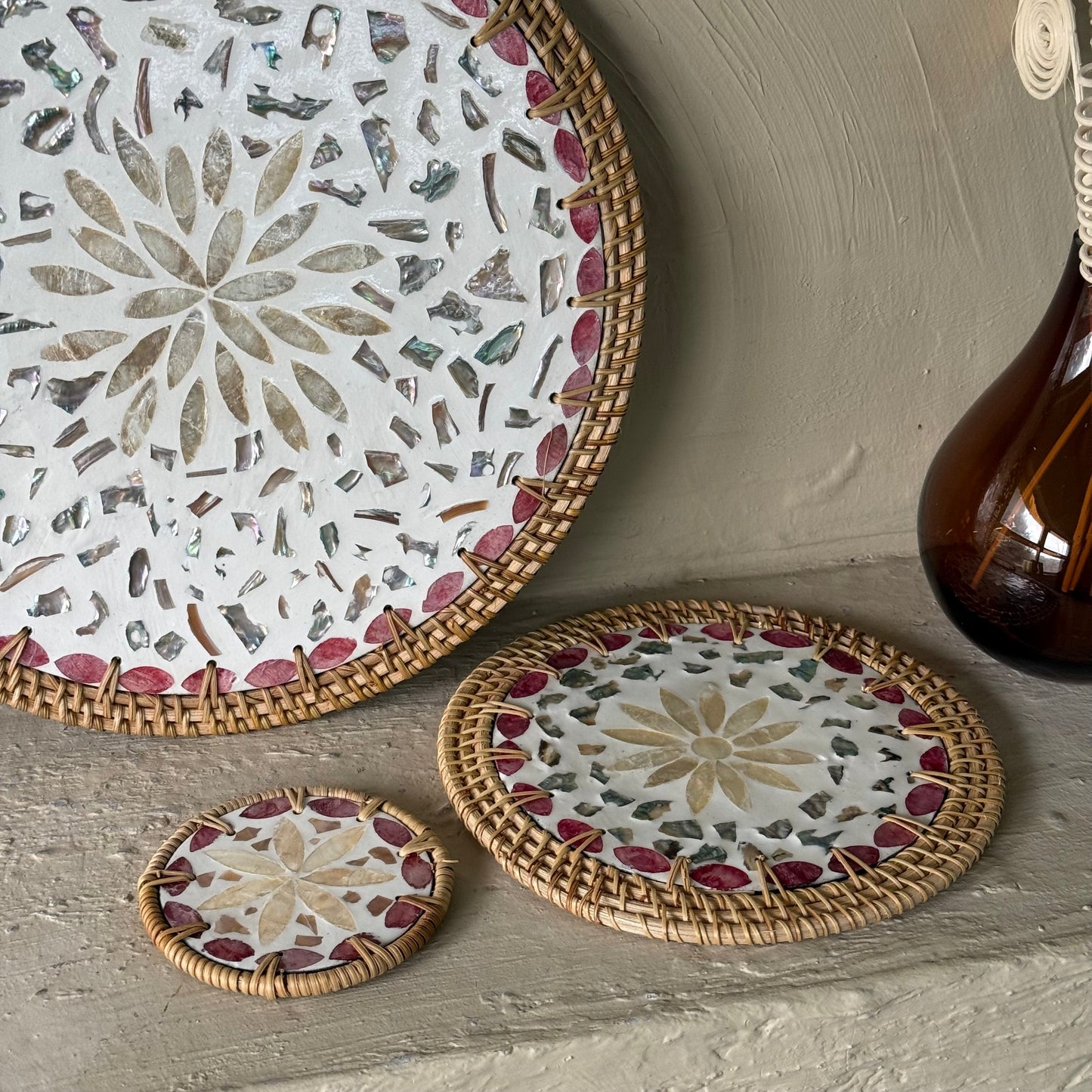 Saverlly Sedef Servis Set Krem-Pembe Çicek Model 3 Parça KOD:3432-35-38