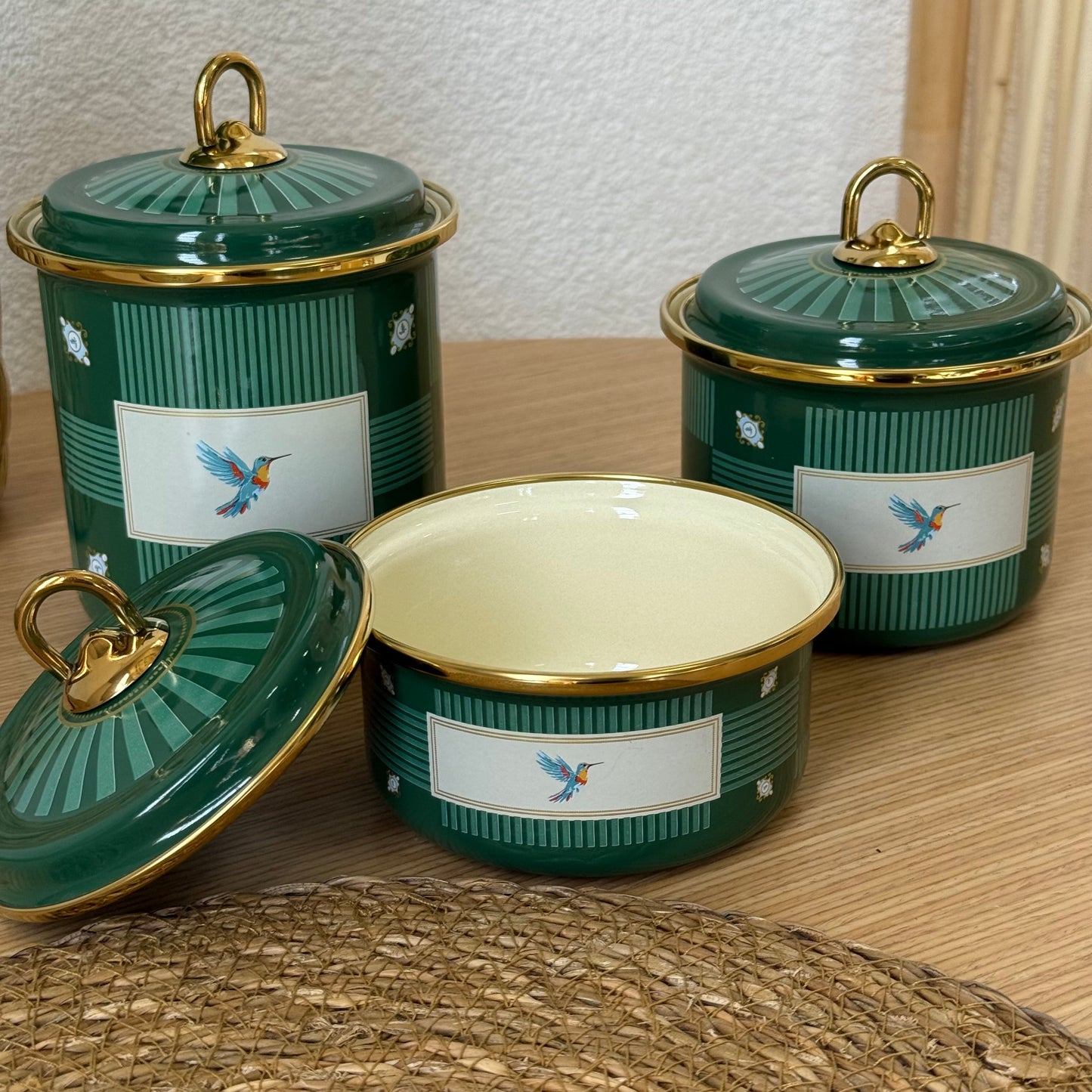 Pashally Emaye Kuş Desenli 3 Boy Kavanoz Seti  Yeşil KOD:0496