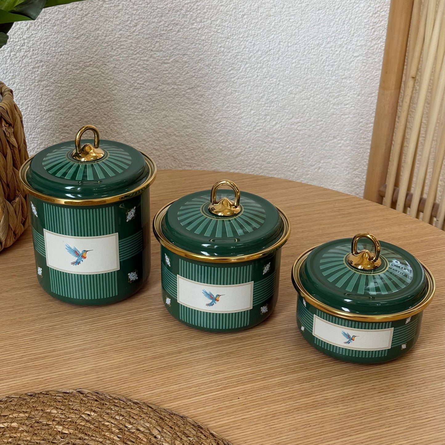 Pashally Emaye Kuş Desenli 3 Boy Kavanoz Seti  Yeşil KOD:0496