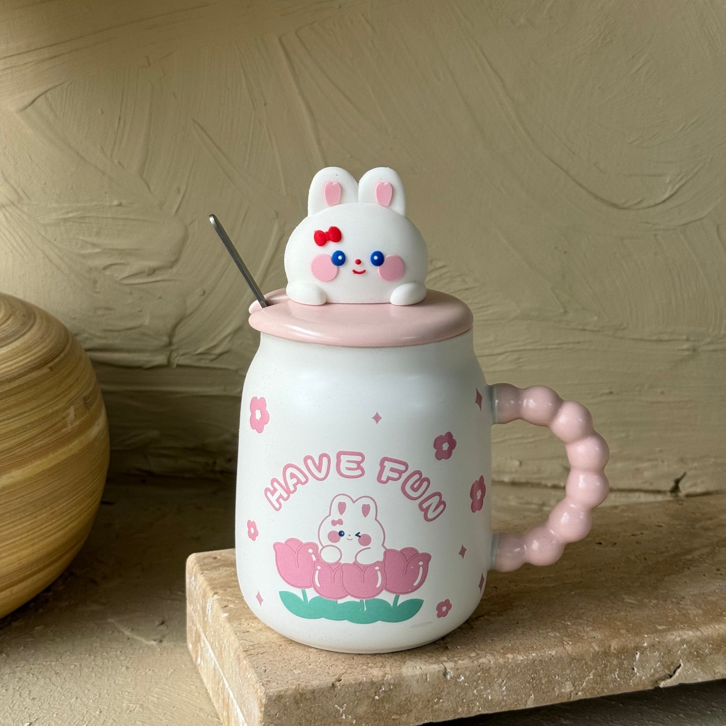 Tutku Have Fun Kapaklı Porselen Kupa Pembe 400 ml