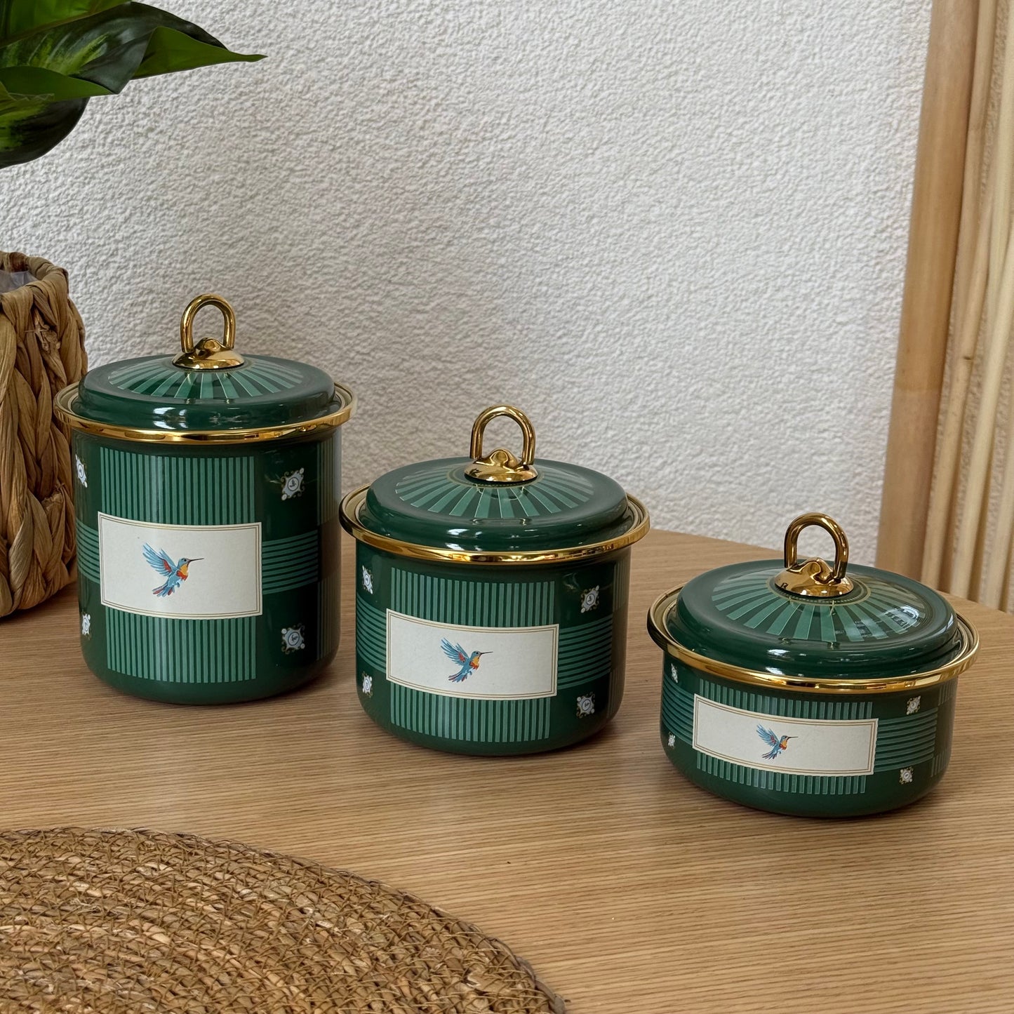 Pashally Emaye Kuş Desenli 3 Boy Kavanoz Seti  Yeşil KOD:0496