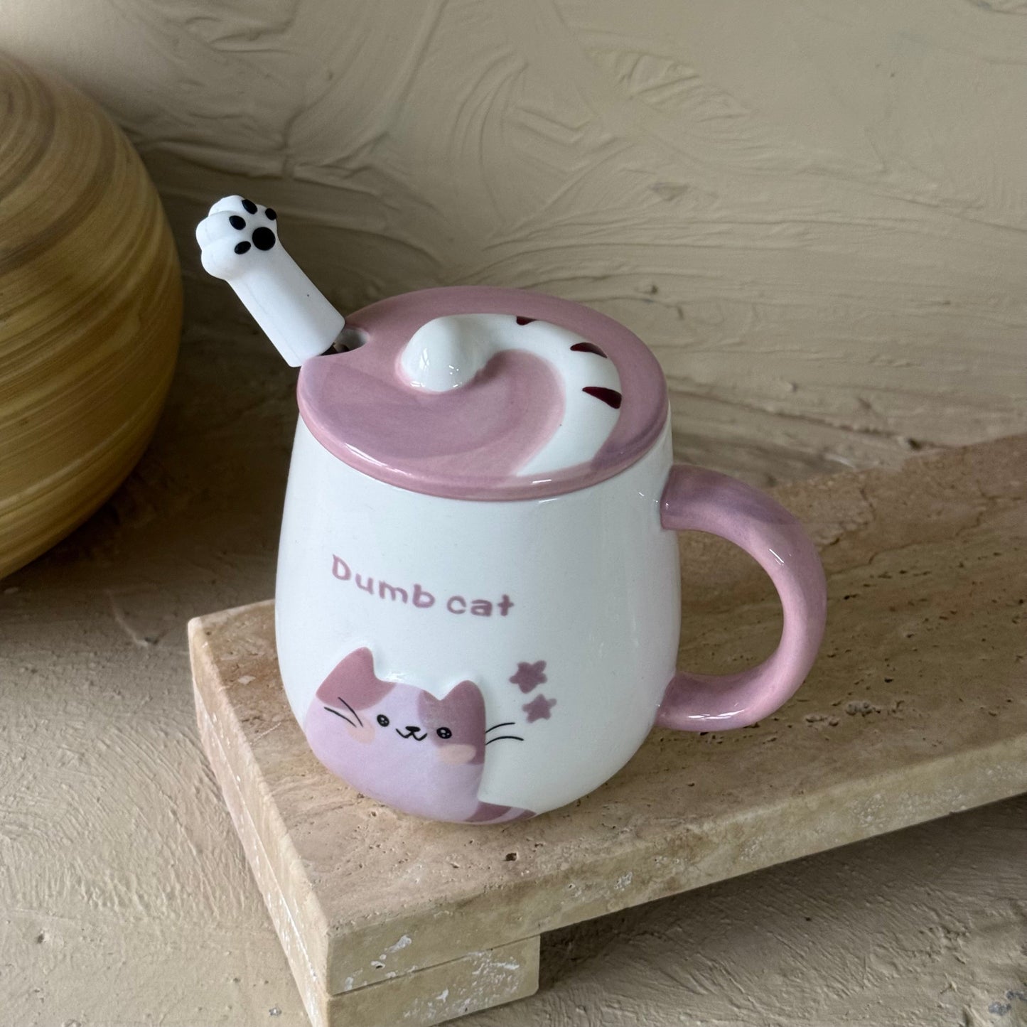 Dumb Cat Porselen Kapaklı Kupa Seti Pembe