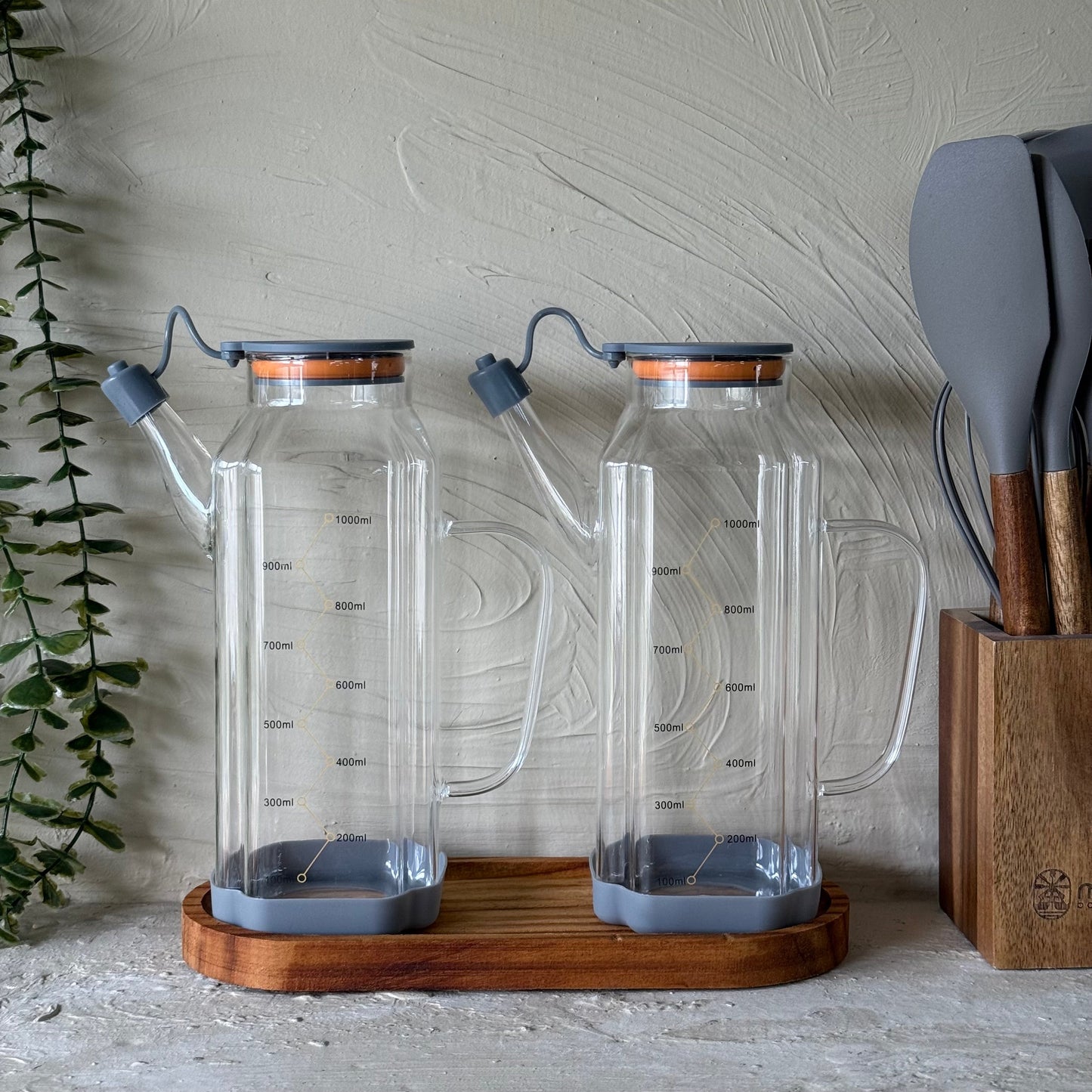 MRP Oval Ahşap Standlı İkili Yağdanlık Seti Gri 1 Litre