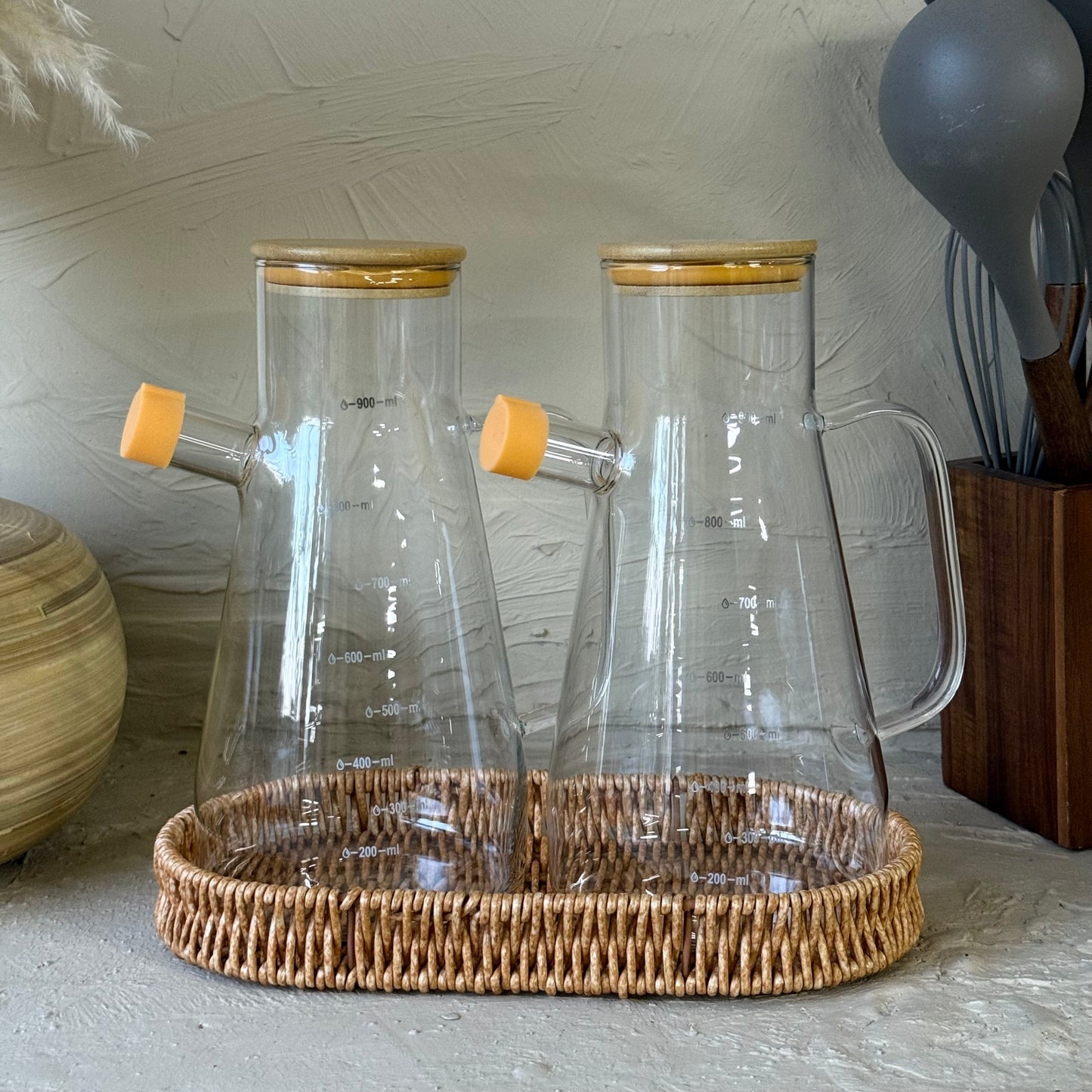 Valley Rattan Standlı İkili Borosilikat Yağdanlık Seti 900 ml