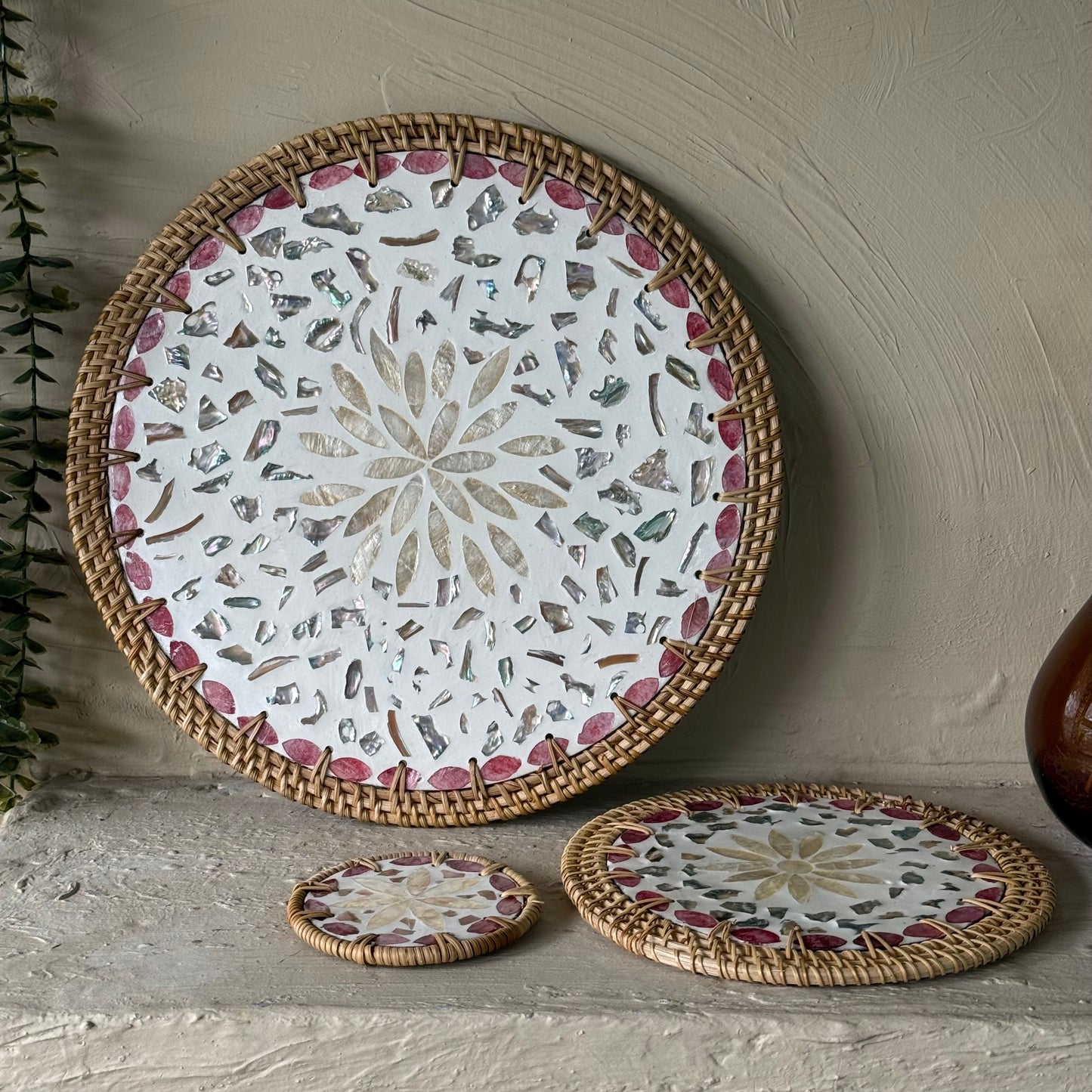 Saverlly Sedef Servis Set Krem-Pembe Çicek Model 3 Parça KOD:3432-35-38