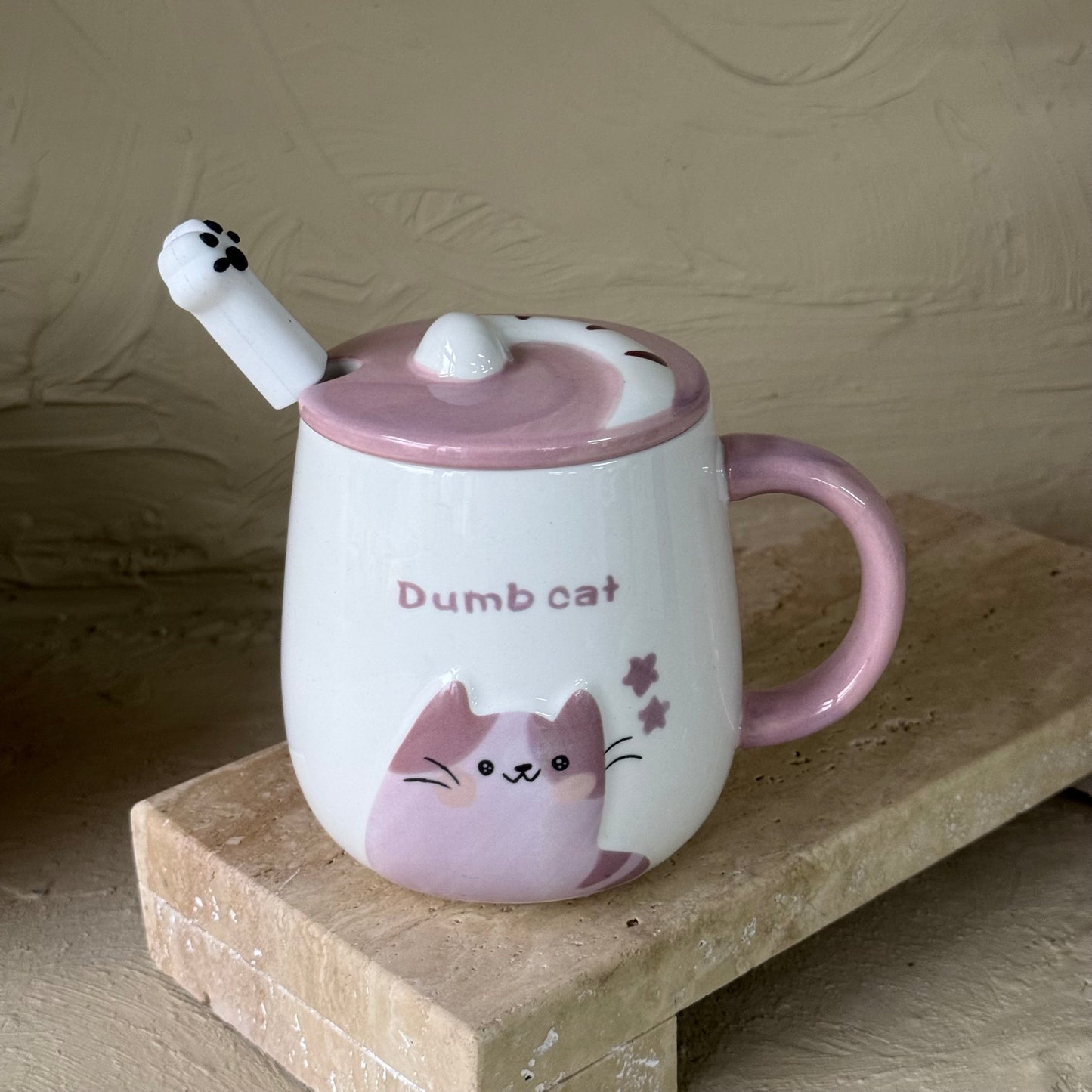 Dumb Cat Porselen Kapaklı Kupa Seti Pembe