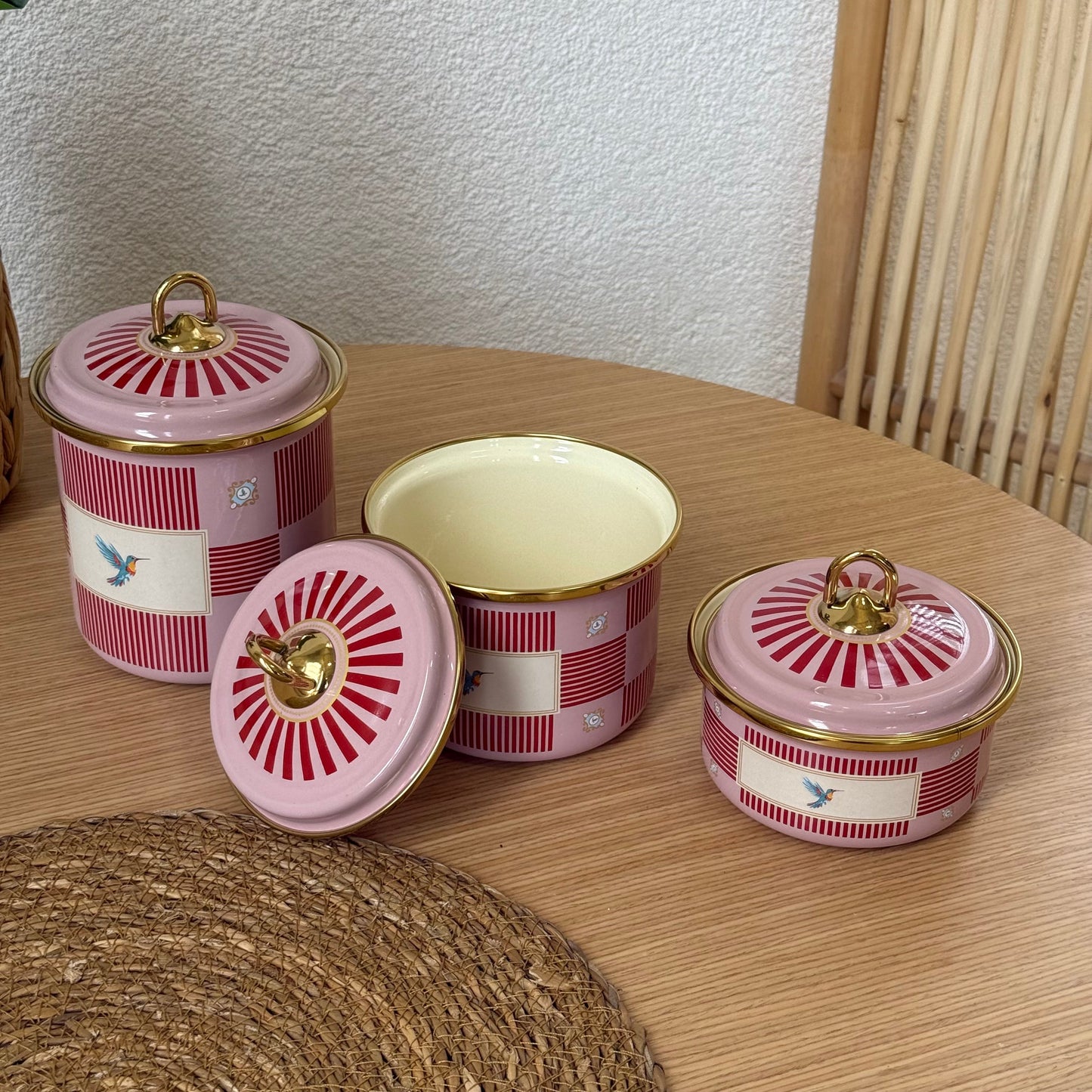 Pashally Emaye Kuş Desenli 3 Boy Kavanoz Seti  Pembe-KırmıI KOD:0472