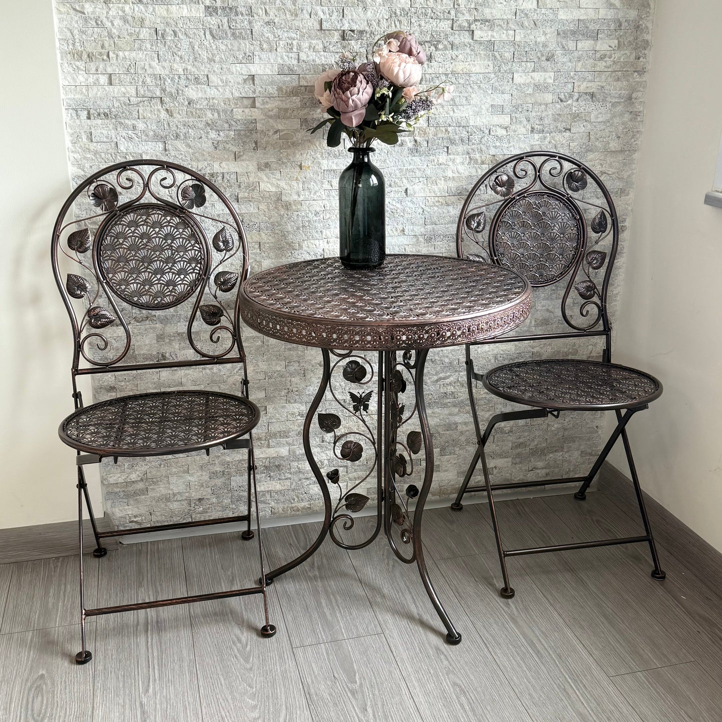PNL Ferforje Masa Sandalye Seti 3 Parça Bronz KOD:8760-8766