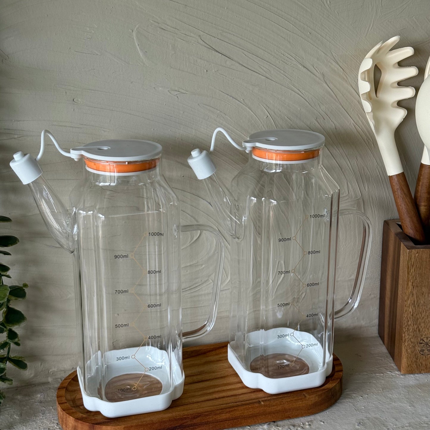 MRP Oval Ahşap Standlı İkili Yağdanlık Seti Krem 1 Litre