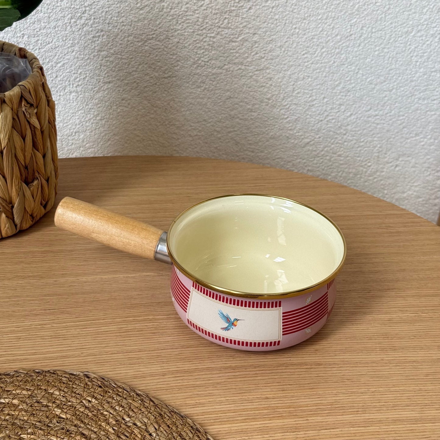 Pashally Ahşap Tutmalı Emaye Sos Tava 14 cm Pembe-Kırmızı KOD:0588