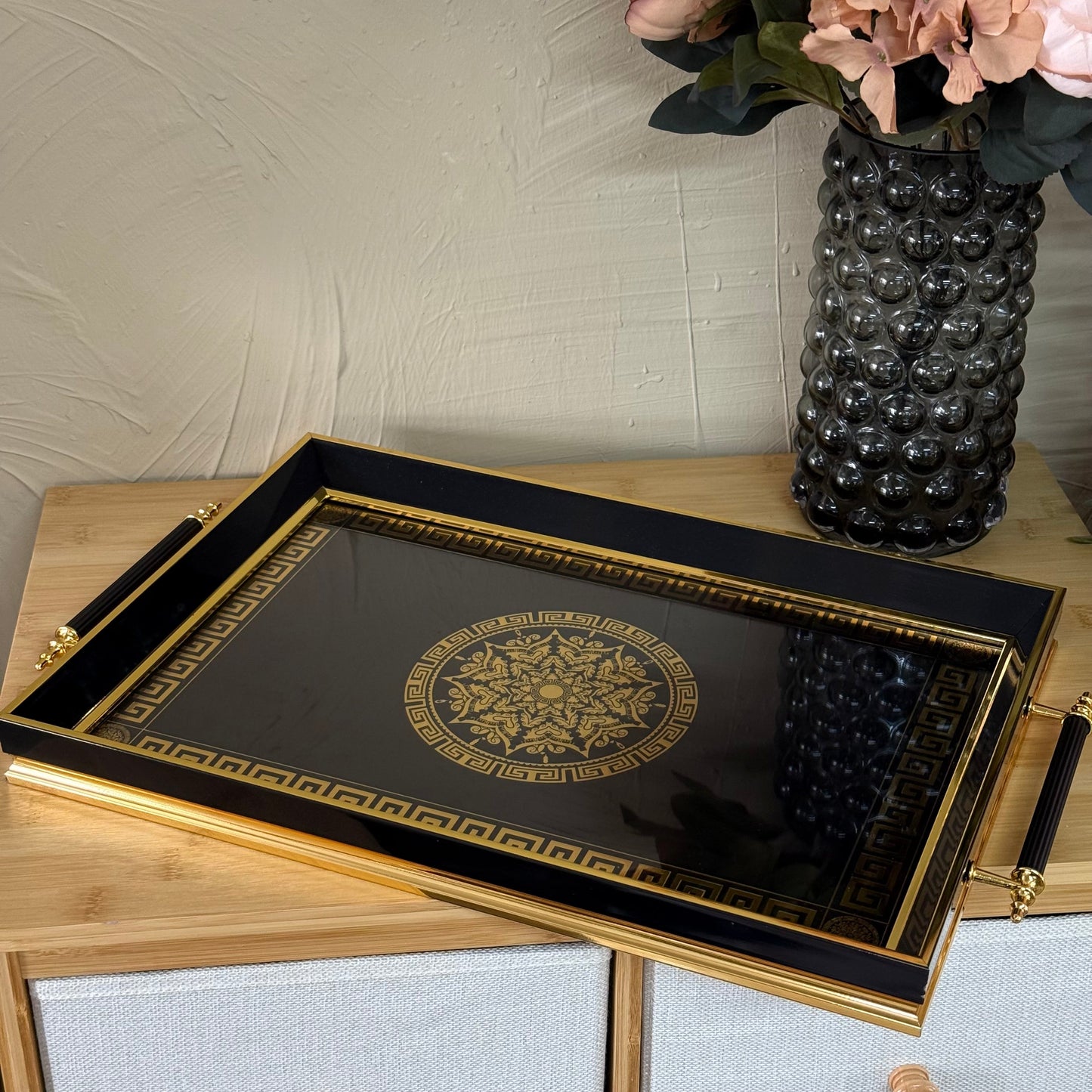 Goldenya Tutmalı Desenli Tepsi Siyah-Gold KOD:5020-50