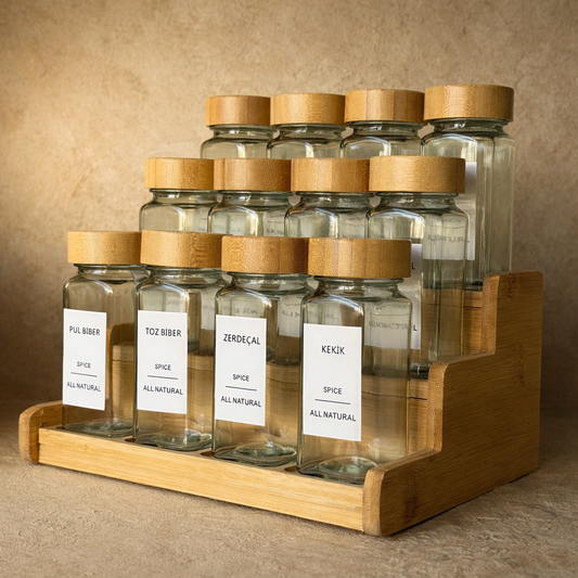 Aden Bambu Standlı 12 li Bambu Kapaklı Kare Baharatlık Seti 120 ml Stiker Hediyeli KOD:10270
