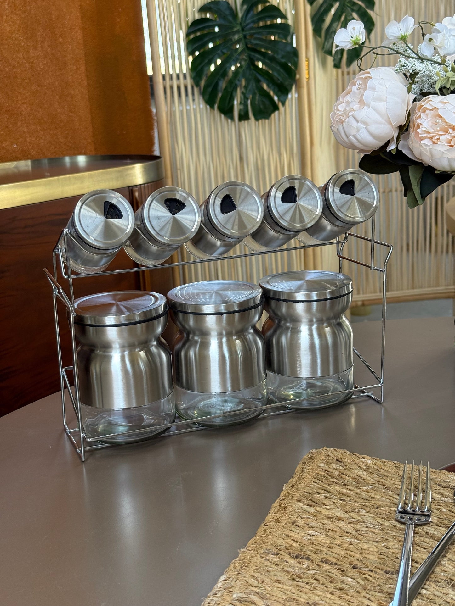 Sun Silver Metal Standlı 8 Parça Cam Baharatlık Seti KOD:13626