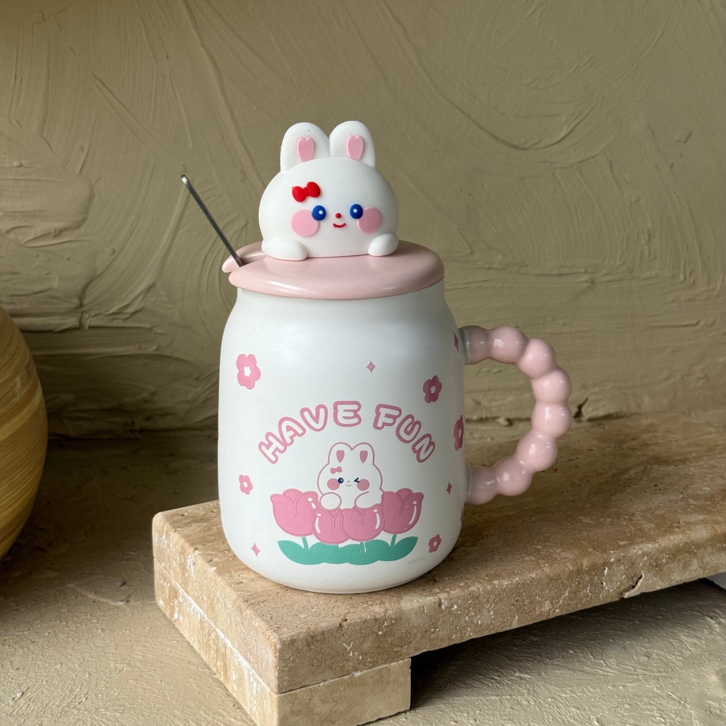 Tutku Have Fun Kapaklı Porselen Kupa Pembe 400 ml