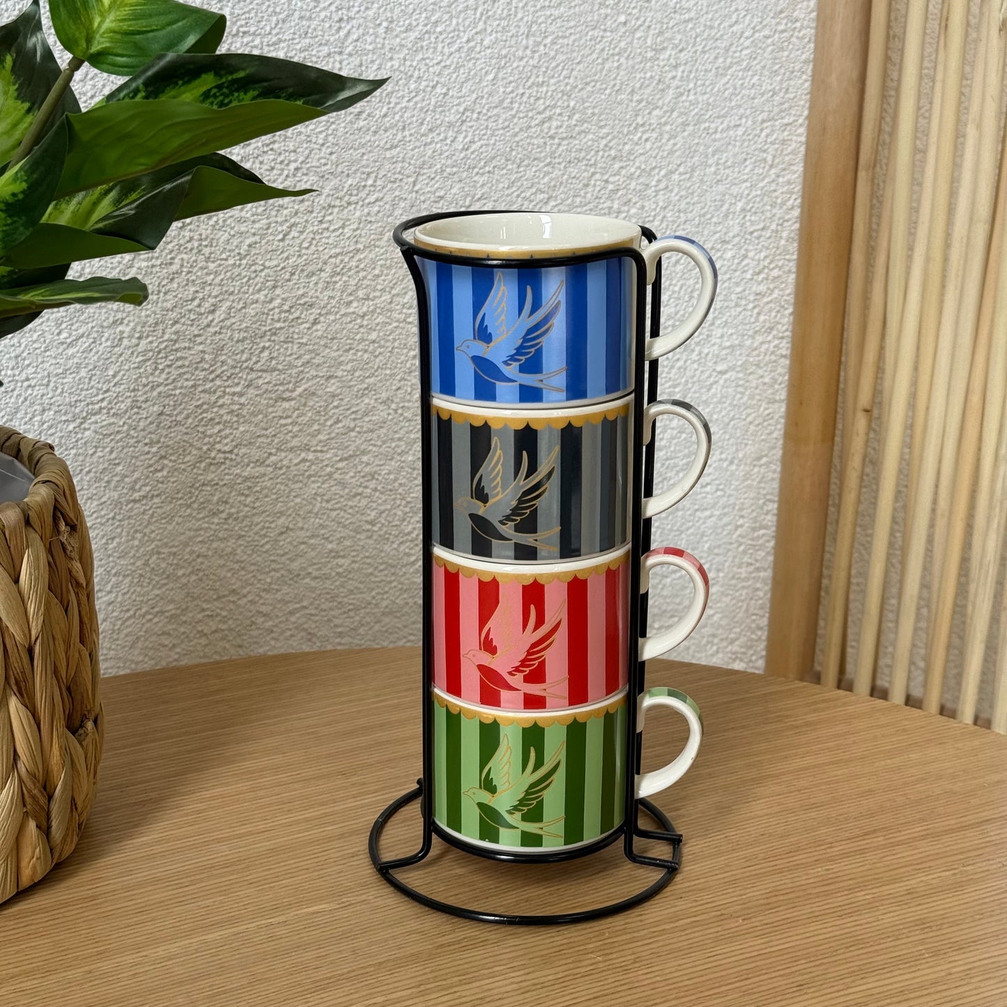Pashally Metal Standlı Porselen Kuşlu 4 Lü Nescafe Kupa Seti Renkli KOD:0917