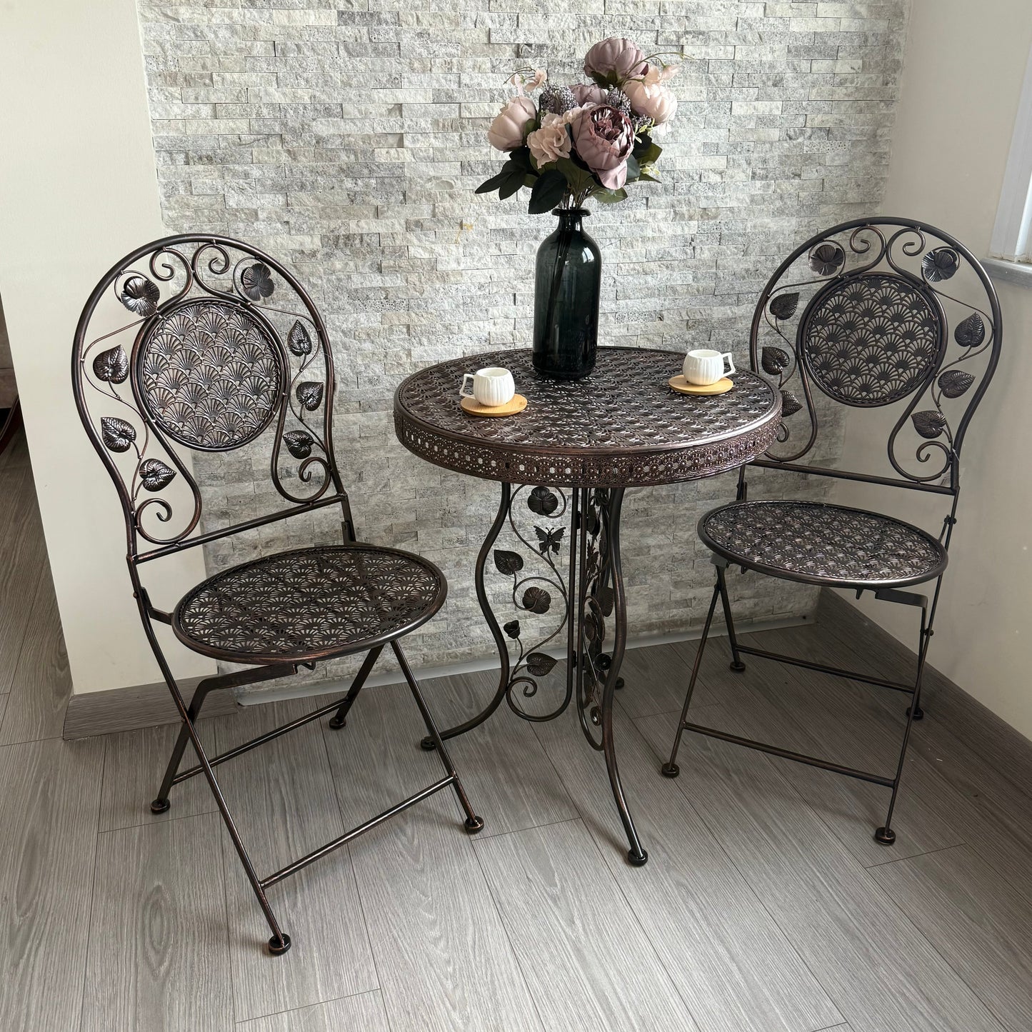 PNL Ferforje Masa Sandalye Seti 3 Parça Bronz KOD:8760-8766