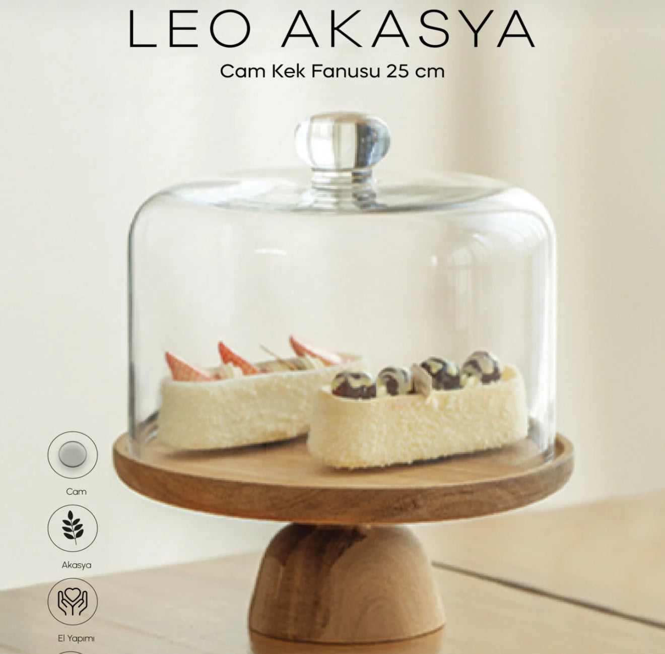 Leo Ayaklı Akasya Ağacı Cam Kek Fanusu 22 cm KOD:0032