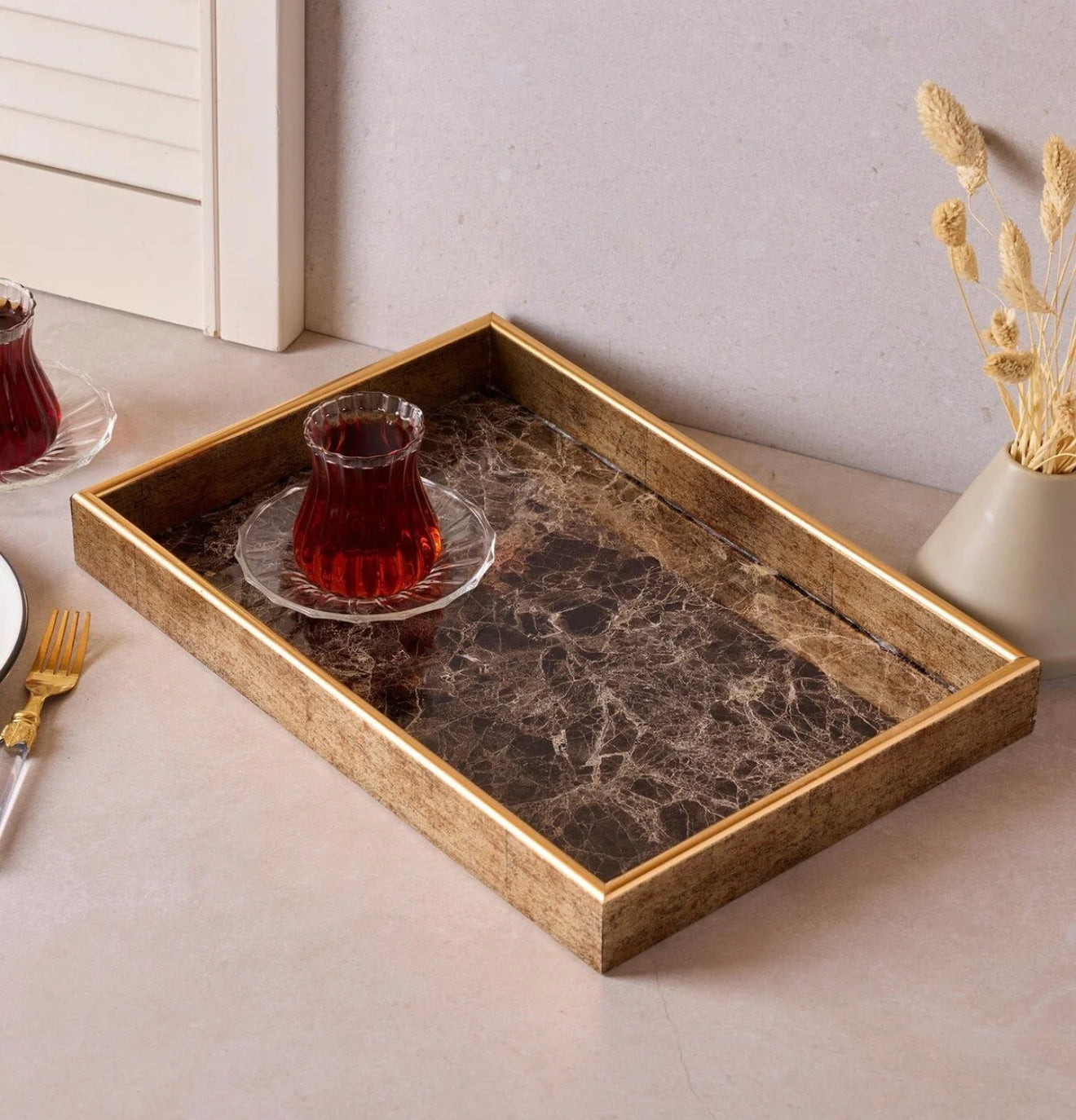 Turin Marble Siyah Gold Tepsi 25x37 cm KOD:17468
