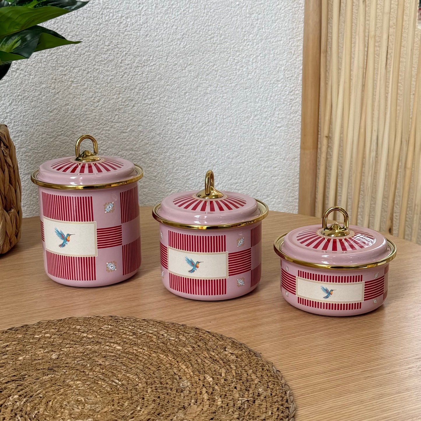 Pashally Emaye Kuş Desenli 3 Boy Kavanoz Seti  Pembe-KırmıI KOD:0472