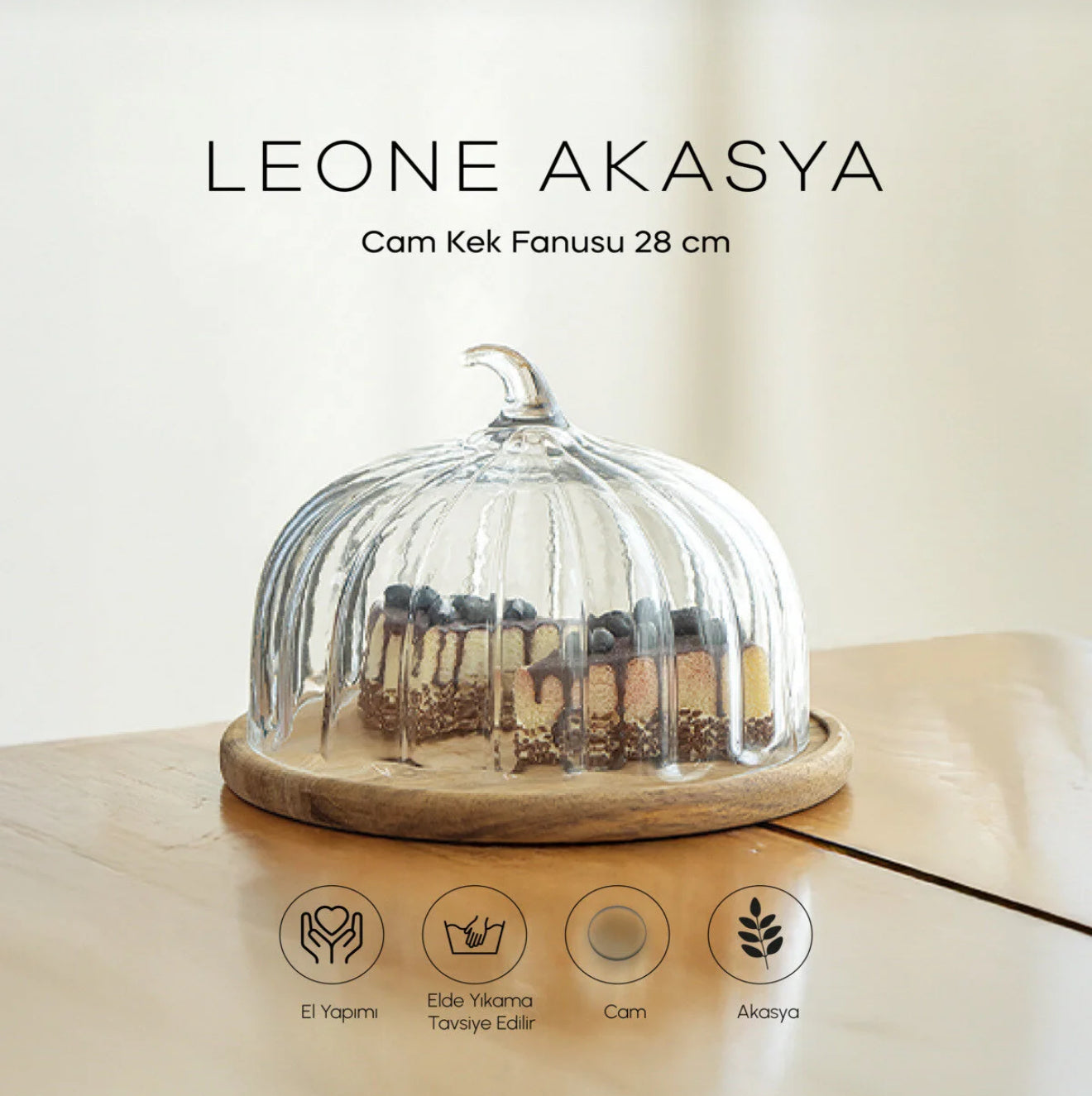 Leone Akasya Standlı Cam Kek Fanusu 28 cm KOD:0027
