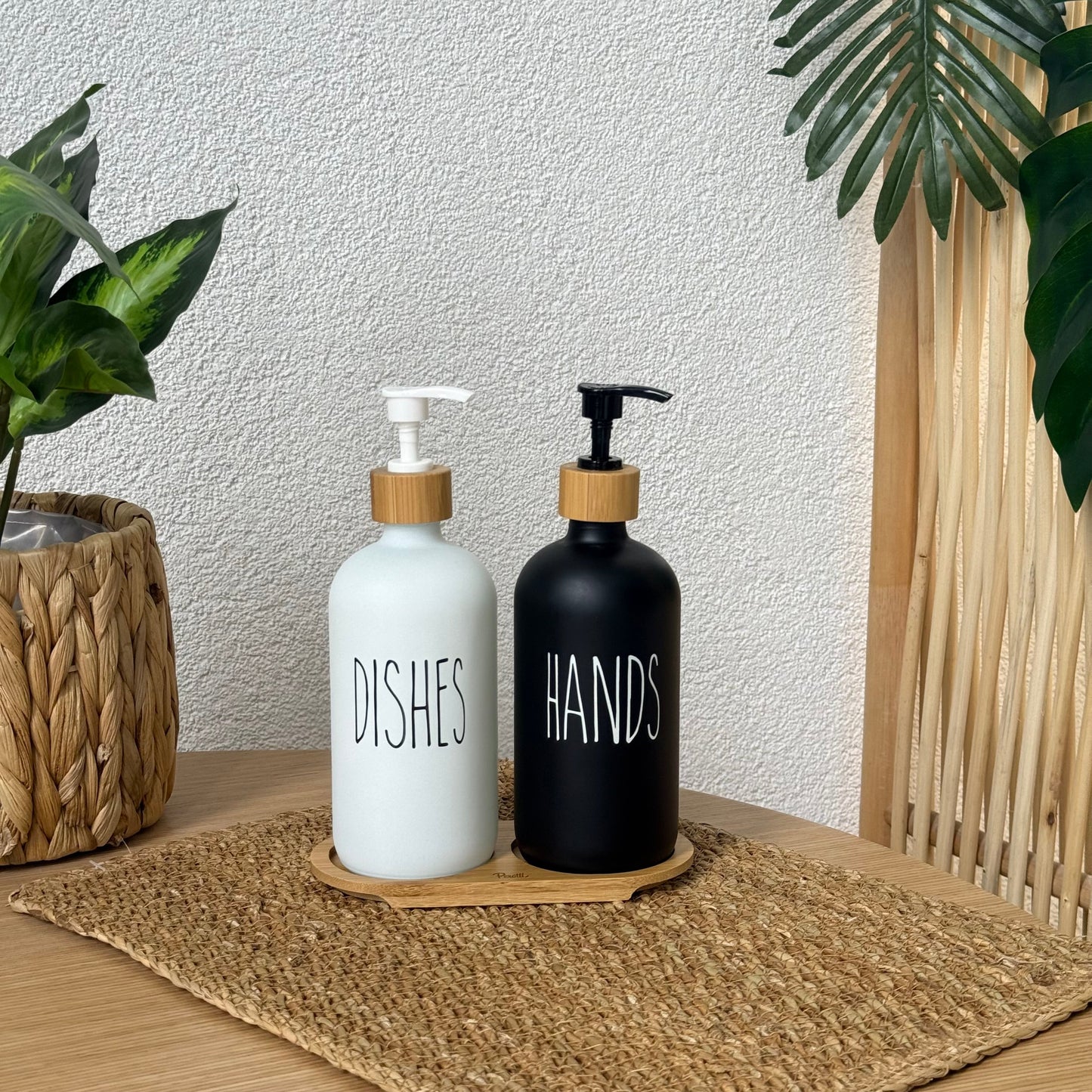 Lotion Bambu Standlı Cam Sıvı Sabunluk Seti Beyaz-Siyah KOD:15708