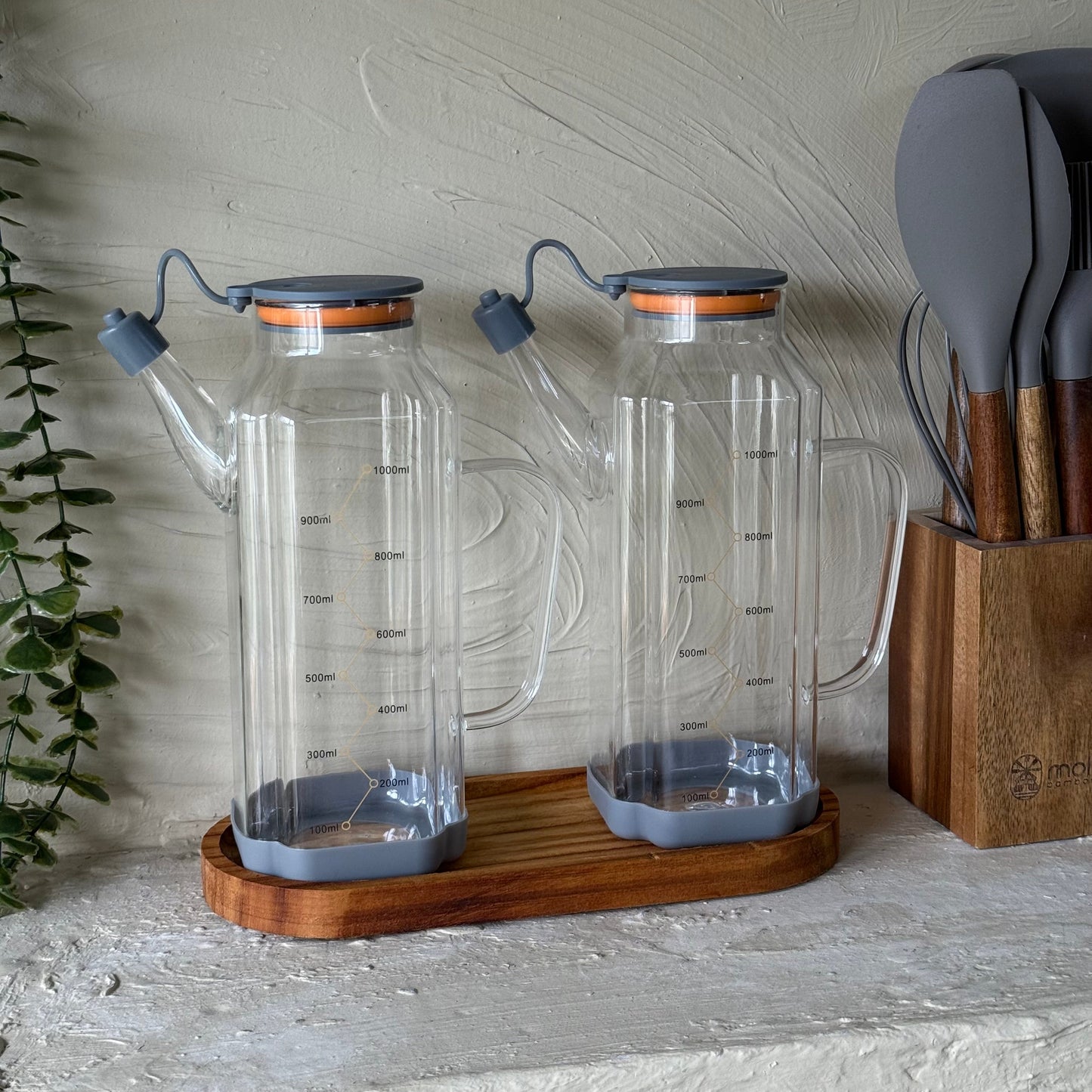 MRP Oval Ahşap Standlı İkili Yağdanlık Seti Gri 1 Litre