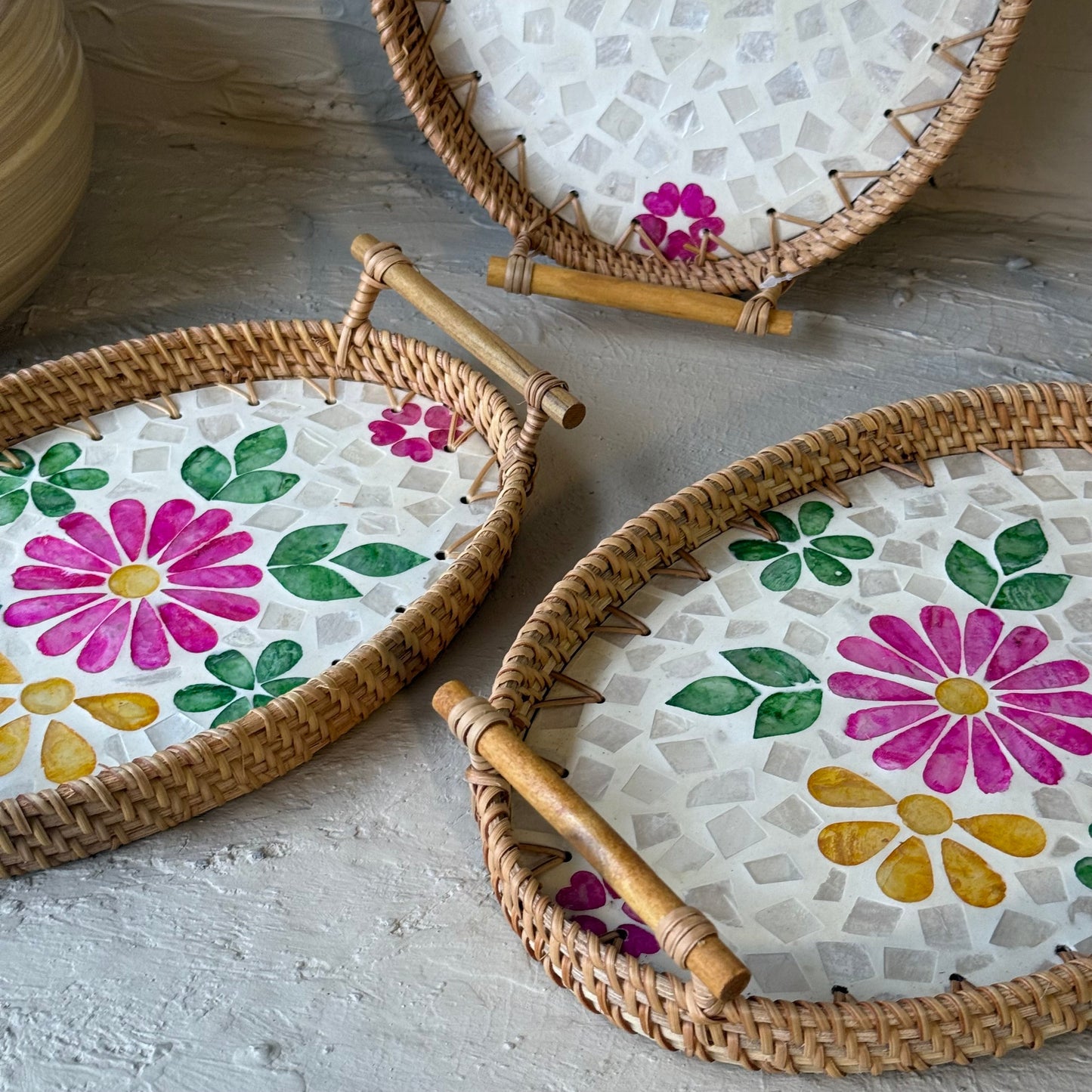 West 3 Boy El İşçiliği Sedef-Bambu Oval Tepsi Seti Çiçekli Desen KOD:020-3H