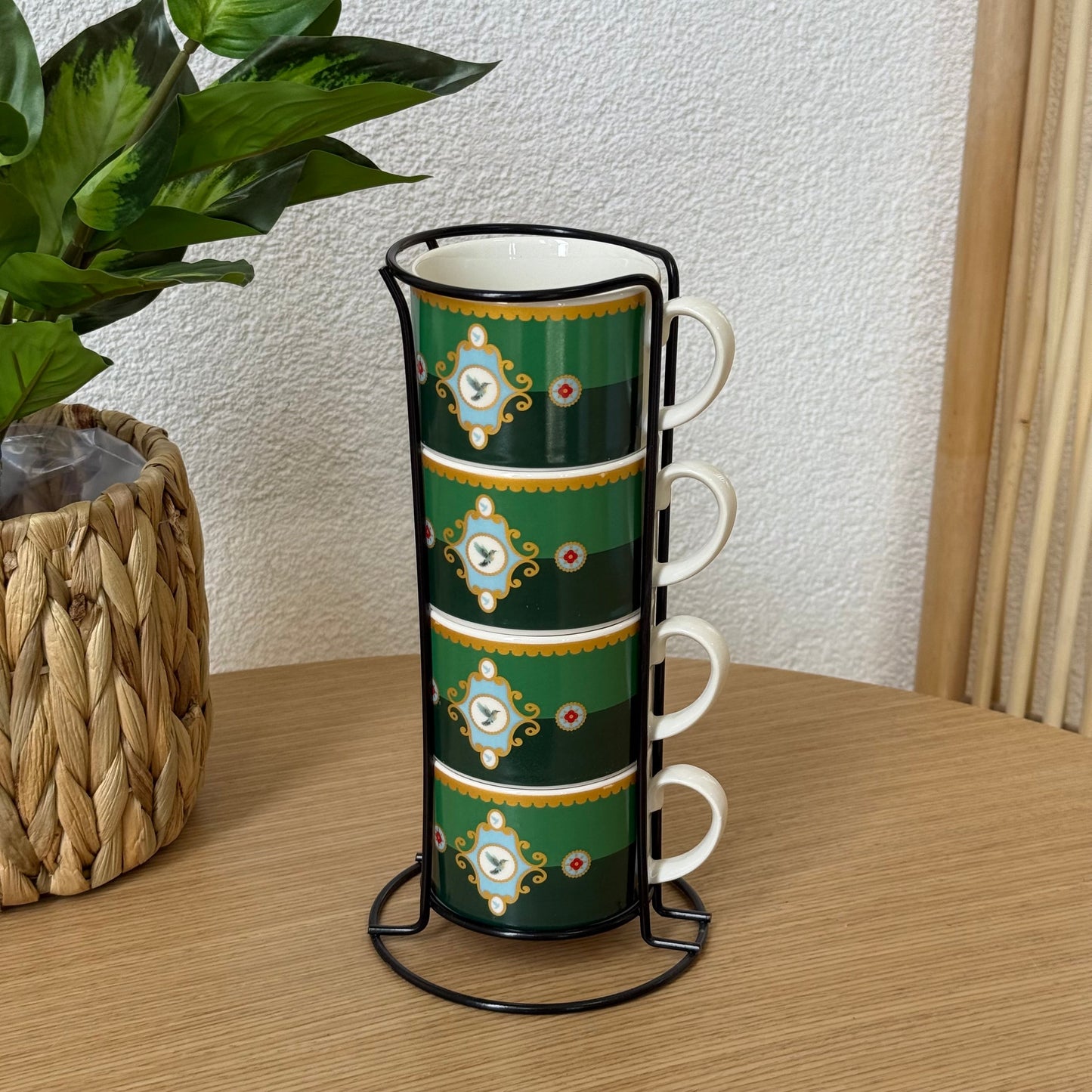 Pashally Metal Standlı Porselen 4 Lü Nescafe Kupa Seti Yeşil KOD:1080