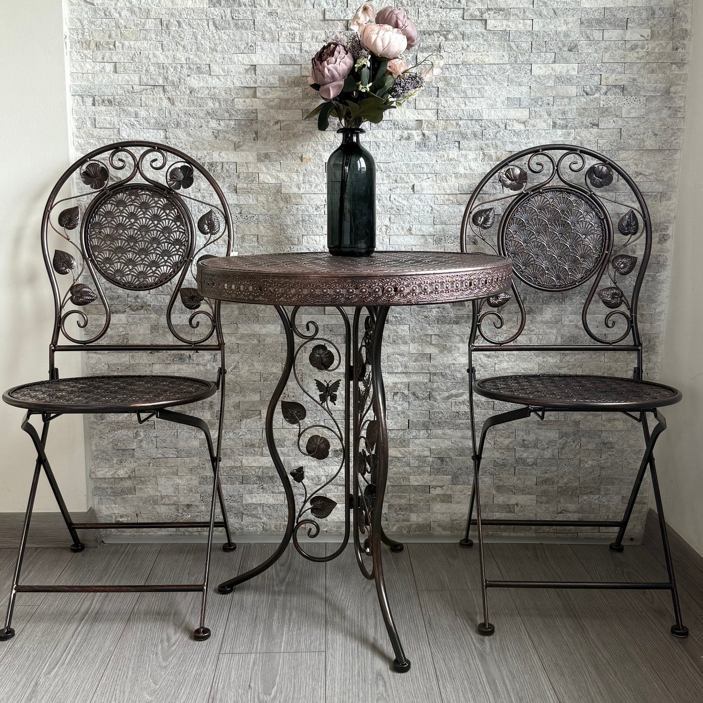 PNL Ferforje Masa Sandalye Seti 3 Parça Bronz KOD:8760-8766