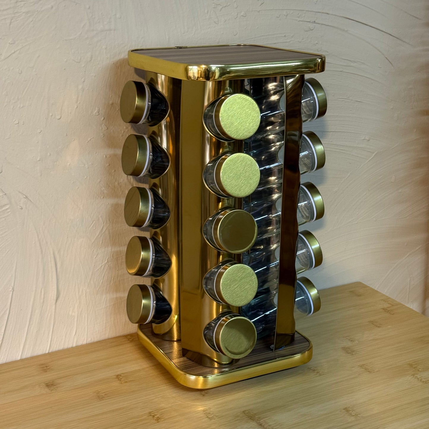 SVR Dönerli Standlı Kare Metal Kapaklı 20 Li  Baharatlık Seti Gold-Ahşap KOD:724