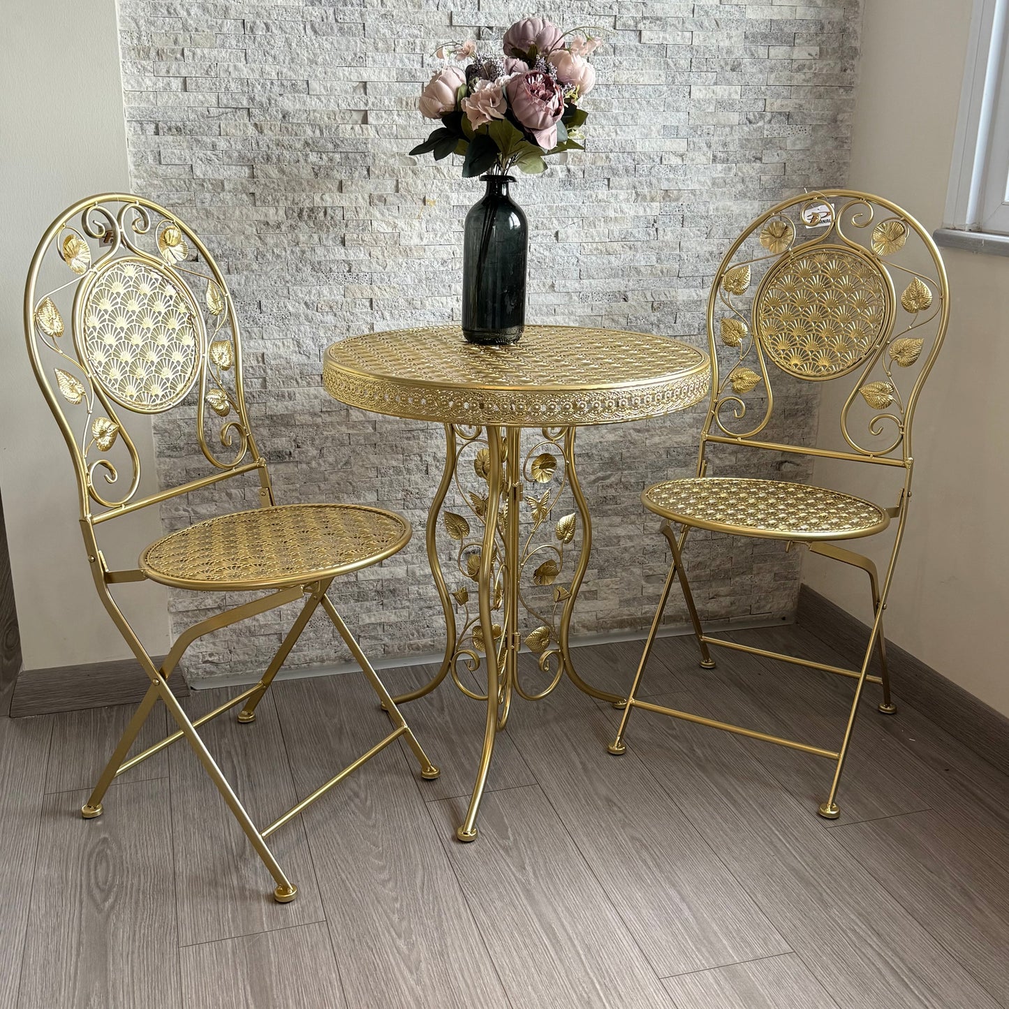 PNL Ferforje Masa Sandalye Seti 3 Parça Gold KOD:8760-8766